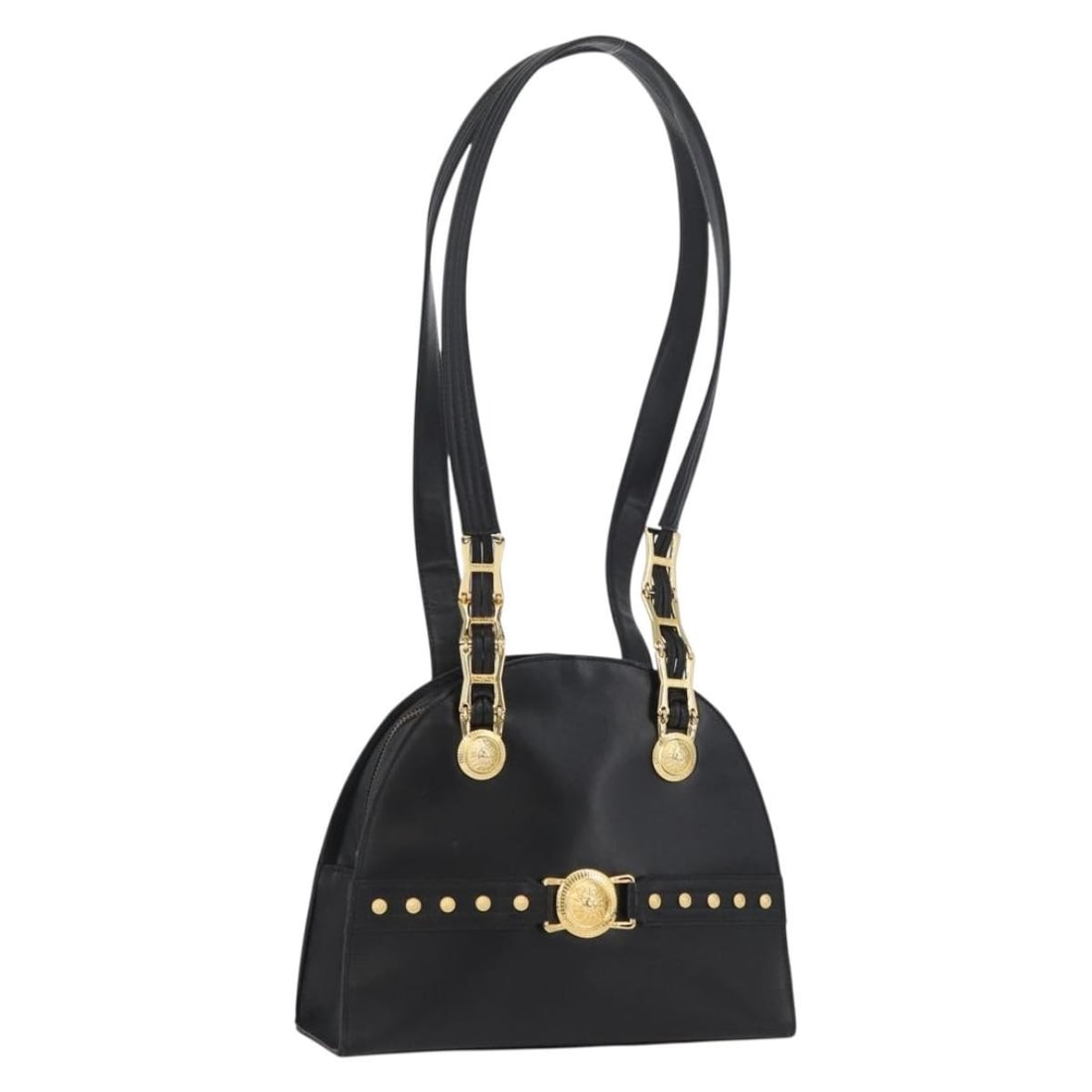 Gianni Versace Black Leather Sunburst Tote Bag with Gold Accents