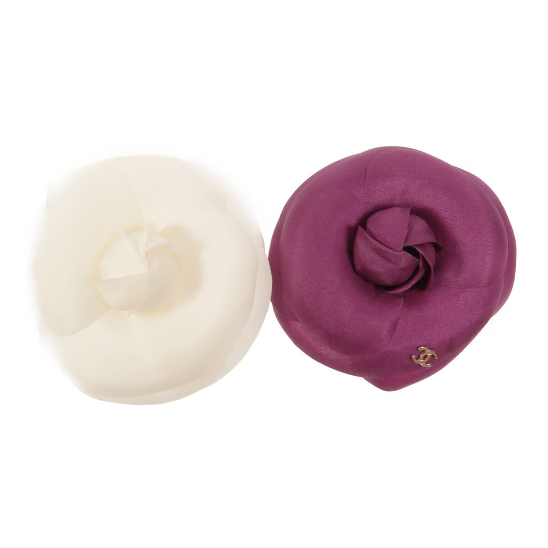 Chanel CC Camelia Organza Metal Brooch Set White Purple