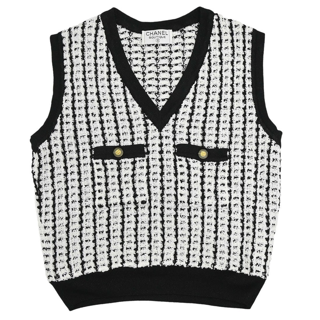 CHANEL V Neck Sleeveless Tank Top Black Logo Accent: CHANEL V Neck Sleeveless Tank Top Black Logo Accent Sleeveless Chanel tweed top in black with a V-neck and regular fit. Designed as a women's casual tank-style top with logo accents and two exterior p