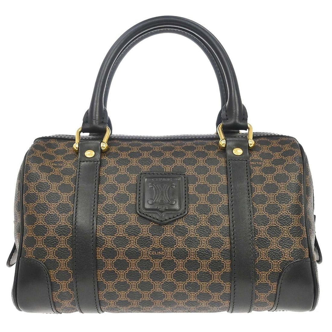 CELINE Macadam black PVC leather duffle handbag Italy: CELINE Macadam black PVC leather duffle handbag Italy Celine Macadam handbag in black with a zip-top closure, double handles, and logo accents. This medium duffle-style bag is made of PVC and leather 
