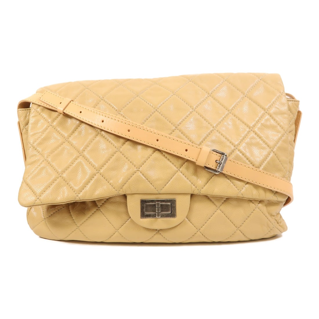 CHANEL Calfskin Leather Shoulder Bag in Sand with CC and SHW: CHANEL Calfskin Leather Shoulder Bag in Sand with CC and SHW A CHANEL shoulder bag in calfskin leather with a sand-colored finish and silver-tone hardware. It features a turn-lock closure, an outside 