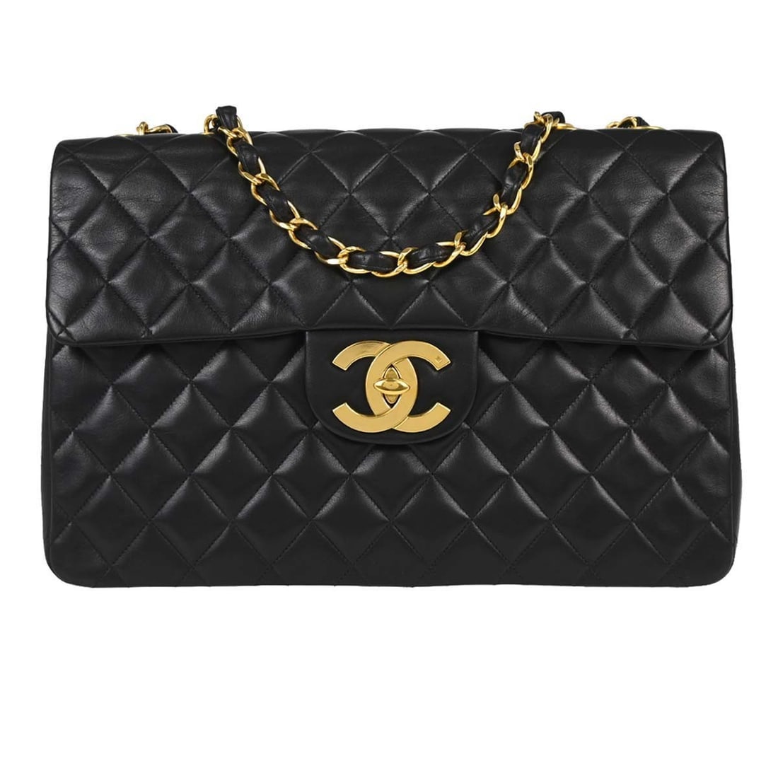CHANEL Classic Flap Maxi Black Lambskin Shoulder Bag: CHANEL Classic Flap Maxi Black Lambskin Shoulder Bag Chanel Black Lambskin Maxi Classic Flap Shoulder Bag in large size, made in France. It features a turn lock closure, shoulder strap style, quilted 