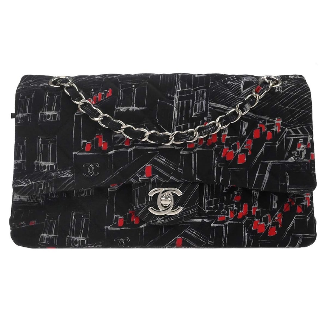CHANEL Classic Double Flap Medium Shoulder Bag Black Nylon Leather: CHANEL Classic Double Flap Medium Shoulder Bag Black Nylon Leather Chanel Medium Classic Double Flap shoulder bag in black nylon with leather nylon trim and a turn-lock closure. This women's shoulder 