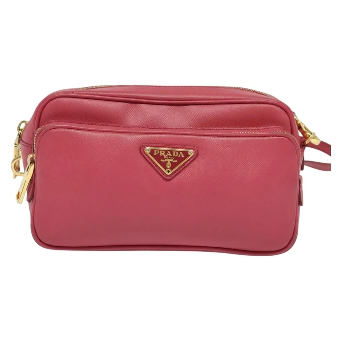 Prada Front Pocket Pink Leather Crossbody Bag: Prada Front Pocket Pink Leather Crossbody Bag This Prada Front Pocket Crossbody Bag is crafted from pink Saffiano leather and designed for women. It features a practical front pocket and a structured 