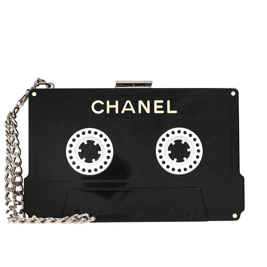 CHANEL Cassette Tape Wristlet Clutch in Black Acrylic: CHANEL Cassette Tape Wristlet Clutch in Black Acrylic Chanel cassette tape clutch bag in black acrylic with a wrist strap and compact small-size silhouette. Made in Italy, this women's clutch features
