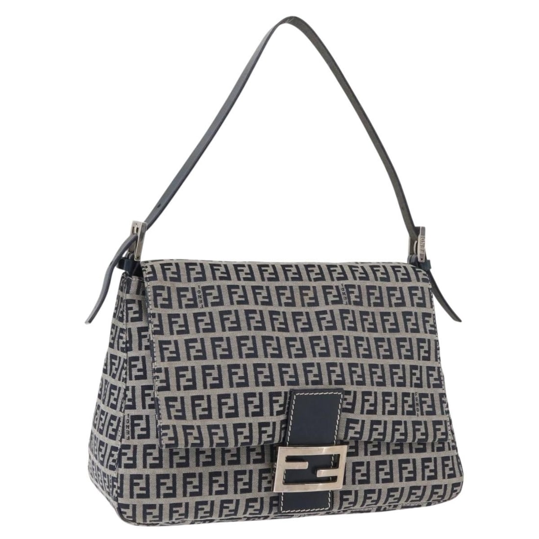 Fendi Mamma Baguette Navy Silver Zucchino Canvas Shoulder Bag