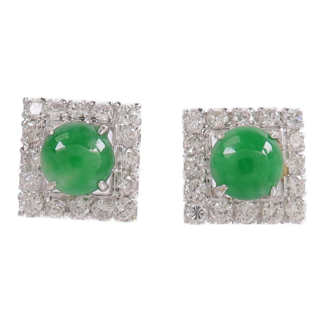 18K White Gold Jade Diamond Earrings Green Clear: 18K White Gold Jade Diamond Earrings Green Clear Jade and diamond earrings in 18K white gold, featuring a green and clear color combination. The earrings are described as model Jade and have a reasona