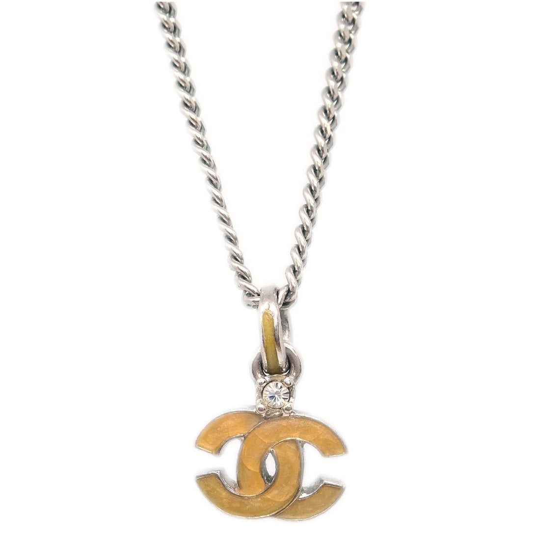 Chanel 04P CC Pendant Chain Necklace Silver Plated Rhinestone
