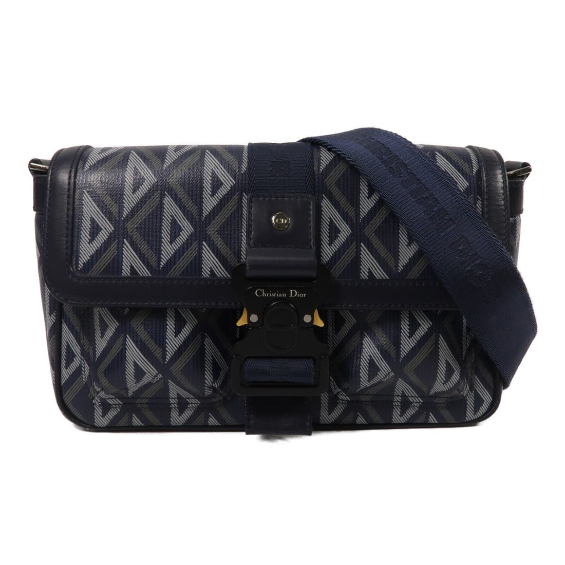 Dior 1ESME165 CD Diamond Hit The Road PVC Shoulder Bag Navy: Dior 1ESME165 CD Diamond Hit The Road PVC Shoulder Bag Navy Christian Dior CD Diamond Hit The Road shoulder bag in navy PVC, model 1ESME165. It features a shoulder strap, belt hardware, and multiple o