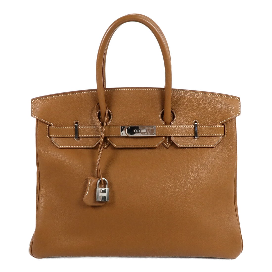 Hermes Birkin 35 Togo Leather Handbag Gold PHW: Hermes Birkin 35 Togo Leather Handbag Gold PHW A Hermes Birkin 35 handbag in gold, crafted from Togo leather with calfskin (cowhide) trim. It features palladium hardware, a top handle, an inside open 