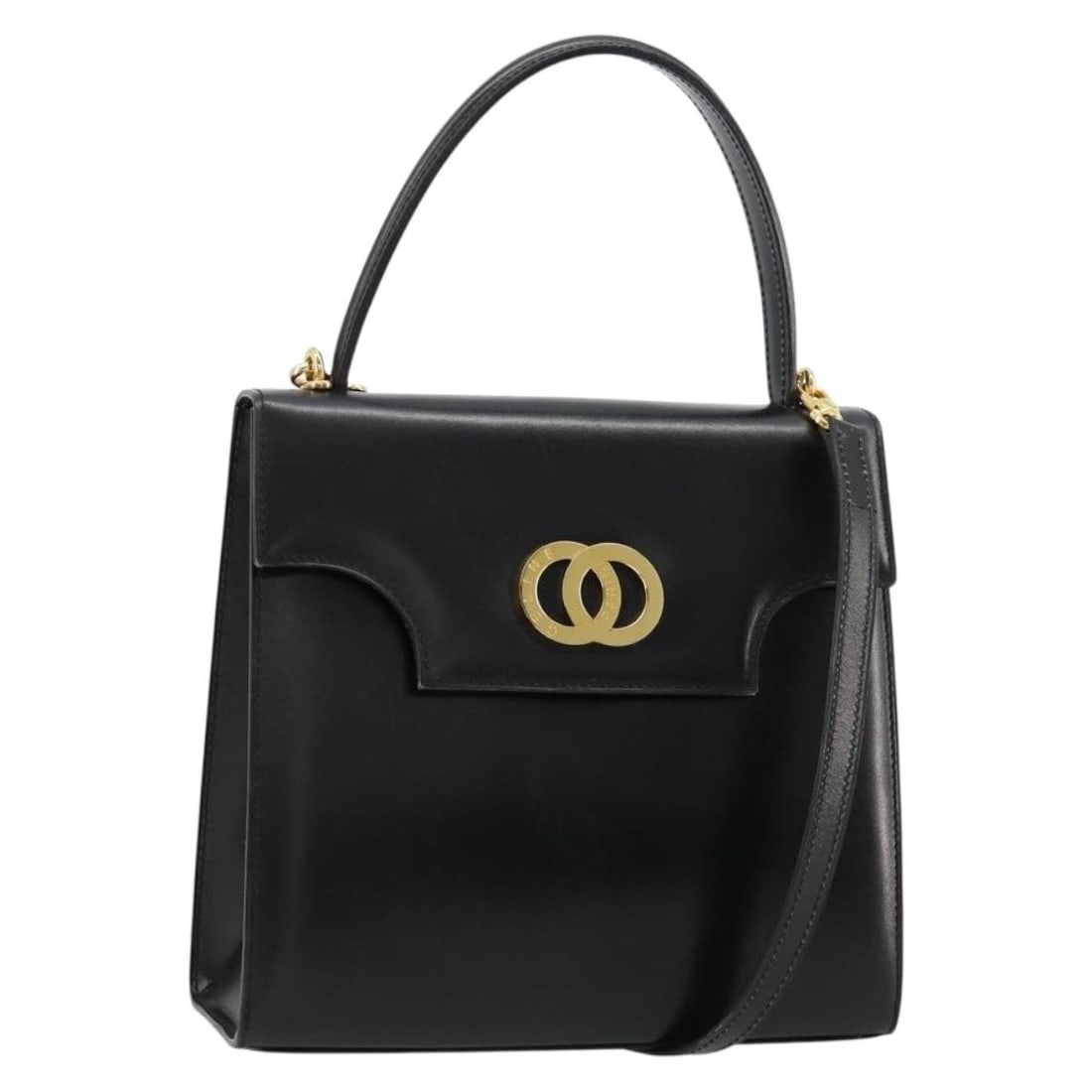 CELINE 2way Leather Handbag Black Gold with Dust Bag Strap: CELINE 2way Leather Handbag Black Gold with Dust Bag Strap A CELINE 2-way hand bag in black and gold leather, made in France. It comes with a dust bag and shoulder strap. The bag is described as condi