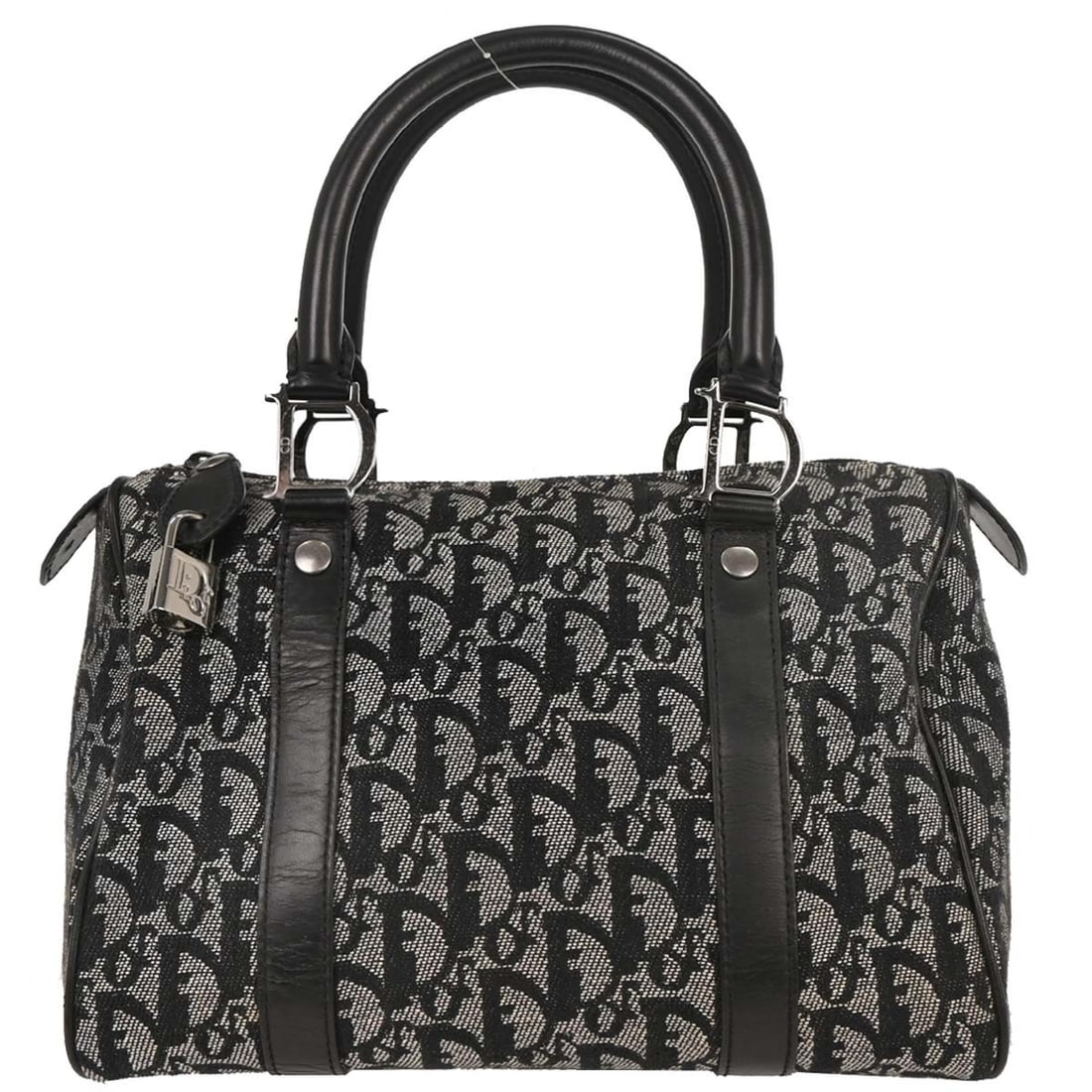 Dior Trotter medium black canvas leather duffle bag 02-BO-1025: Dior Trotter medium black canvas leather duffle bag 02-BO-1025 Christian Dior black Trotter duffle handbag crafted in canvas and leather. This medium handbag features double handles, a zip closure, an
