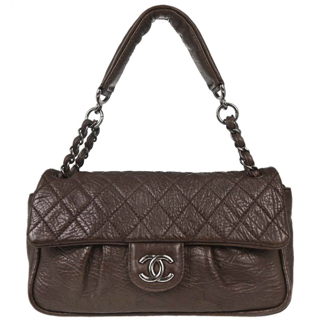 CHANEL Medium Brown Calfskin Shoulder Bag Magnetic Closure: CHANEL Medium Brown Calfskin Shoulder Bag Magnetic Closure Chanel brown calfskin shoulder handbag with a magnetic closure and shoulder strap. The exterior shows scuffs on the bottom edges. The interio