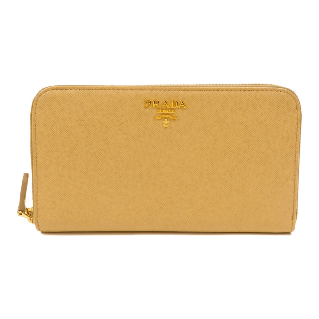 PRADA 1M0506 Saffiano Leather Zip Around Wallet Beige: PRADA 1M0506 Saffiano Leather Zip Around Wallet Beige A PRADA zipper long wallet in beige Saffiano leather. It features a practical interior layout with two open compartments, eight card slots, and on