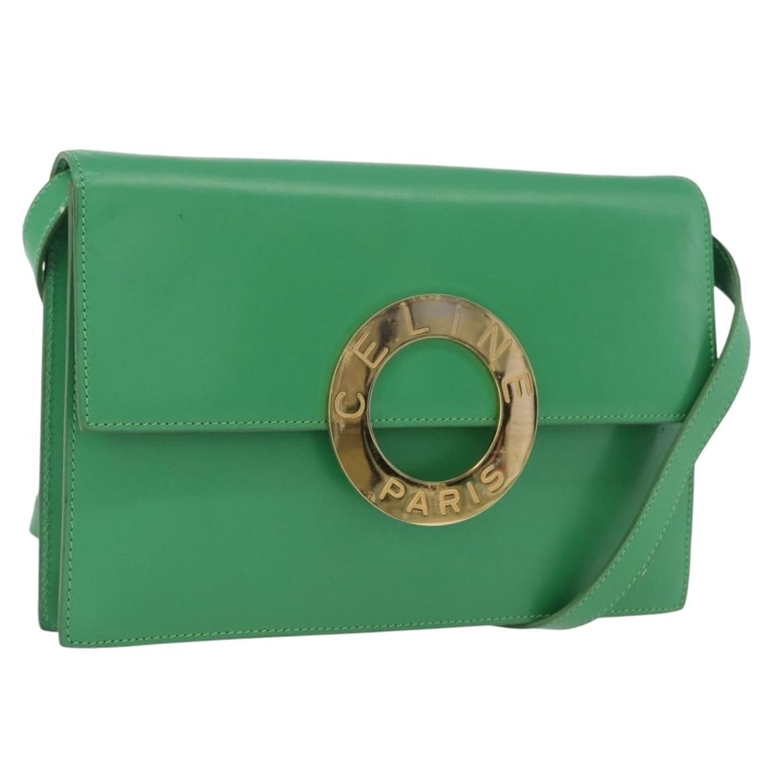 CELINE Green Leather Circle Shoulder Bag Gold Tone: CELINE Green Leather Circle Shoulder Bag Gold Tone CELINE shoulder bag in green and gold leather, made in Italy. It features a compact profile with a shoulder strap drop of approximately 40-45 cm. The