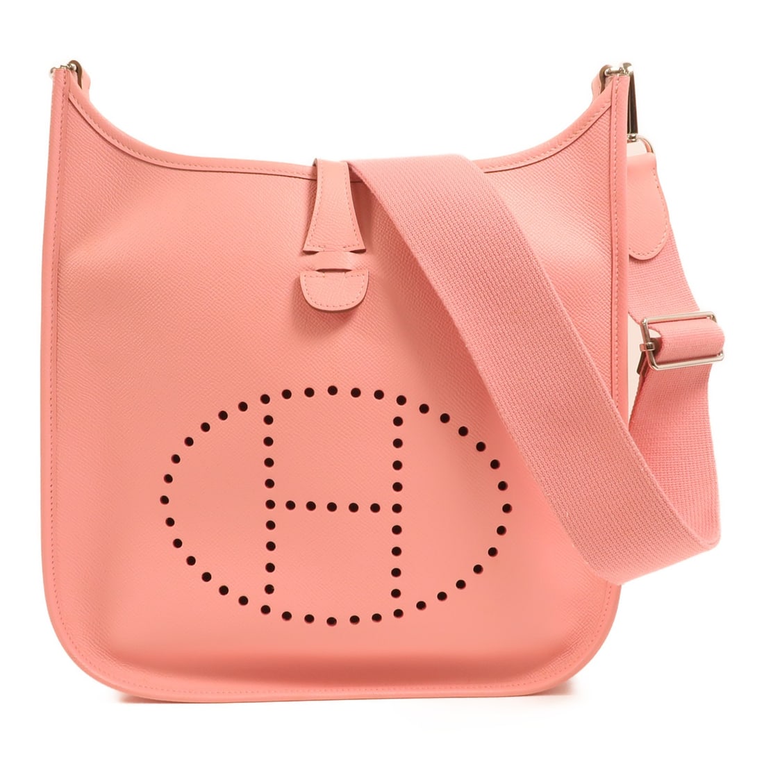 Hermes Evelyne PM Epsom Calfskin Shoulder Bag Rose Confetti PHW: Hermes Evelyne PM Epsom Calfskin Shoulder Bag Rose Confetti PHW Hermes Evelyne PM shoulder bag in Rose Confetti, made from Epsom leather and calfskin (cowhide). It features a hook button closure, one 