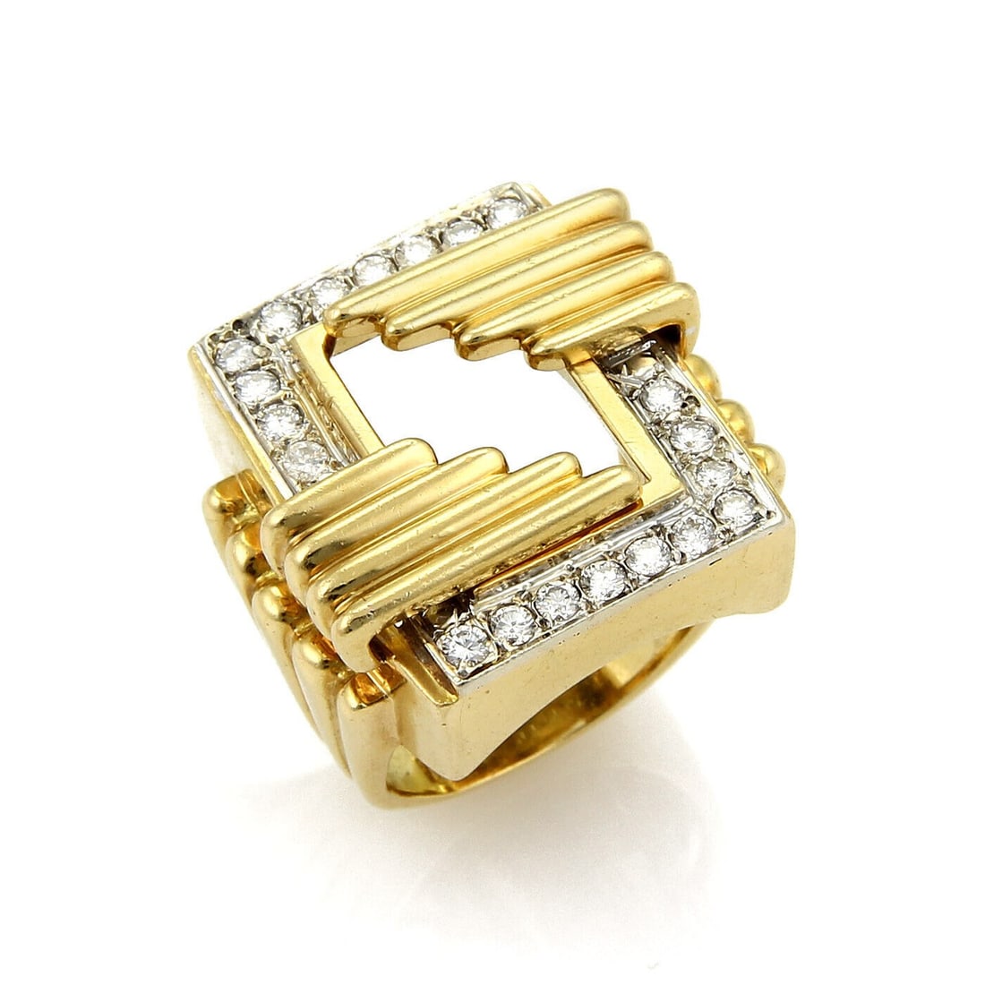 Geometric Open Top Diamond Ring in 18k Two Tone Gold Size 6.5: Geometric Open Top Diamond Ring in 18k Two Tone Gold Size 6.5 This pre-owned geometric open-top ring features a bold rectangular silhouette accented with diamonds and crafted in 18k yellow and white g