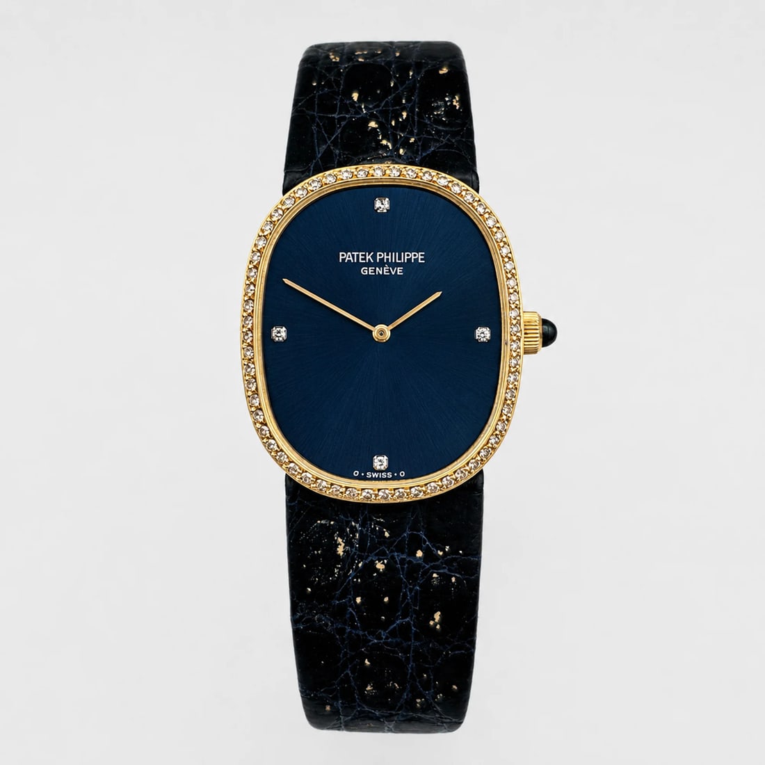 Patek Philippe Golden Ellipse 3849 18k yellow gold manual watch blue diamond dial: Patek Philippe Golden Ellipse 3849 18k yellow gold manual watch blue diamond dial Vintage Patek Philippe Golden Ellipse wristwatch with a blue sunburst dial, diamond markers, and an 18k yellow gold ca