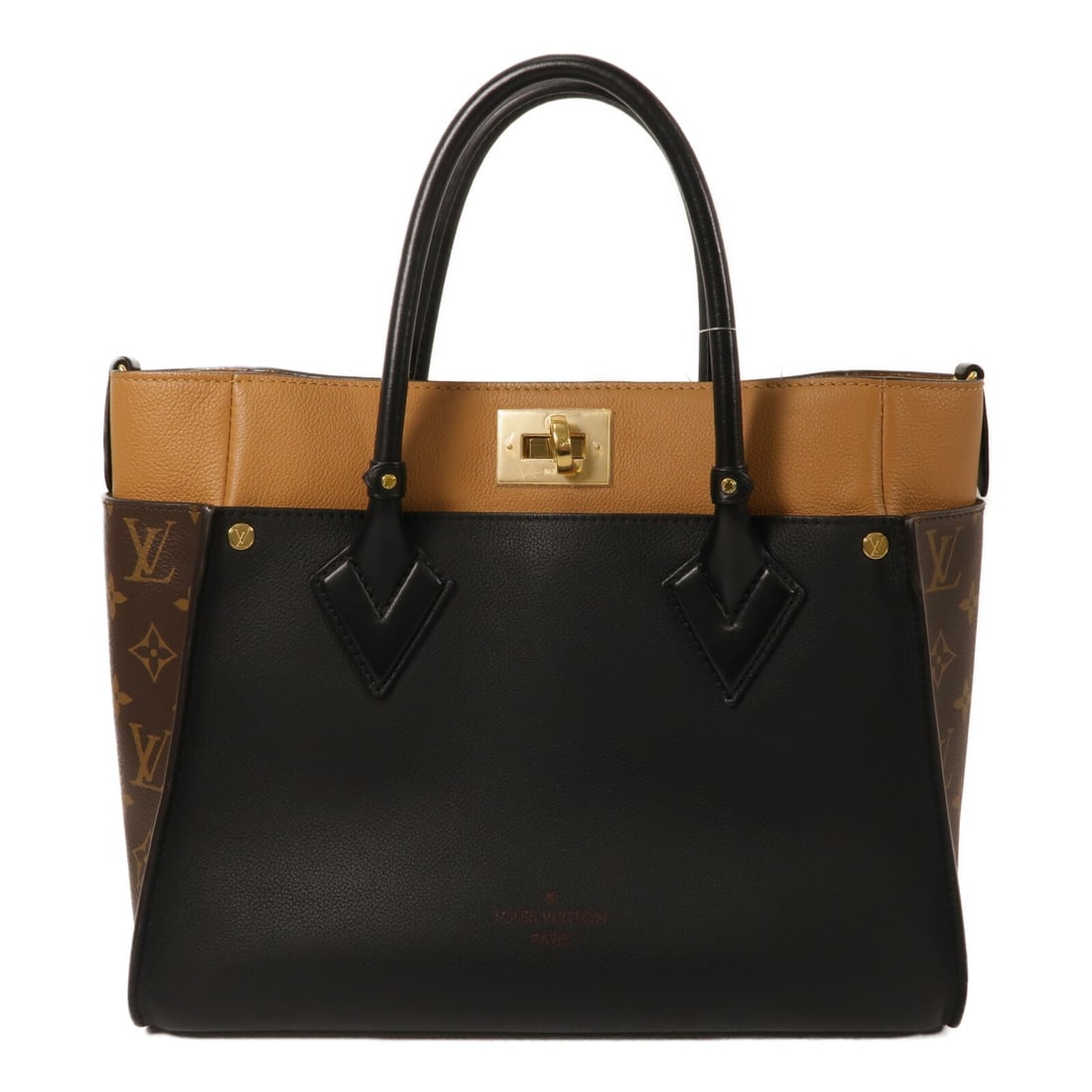Louis Vuitton On My Side MM M53823 Monogram Calfskin Shoulder Bag: Louis Vuitton On My Side MM M53823 Monogram Calfskin Shoulder Bag A Louis Vuitton On My Side MM 2 Way Shoulder Bag, model M53823, in brown and black. It is made from Monogram x PVC coated canvas x cal