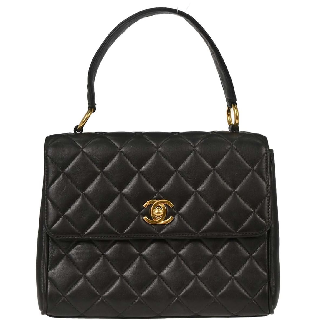 CHANEL Straight Flap Top Handle Bag Black Lambskin Medium: CHANEL Straight Flap Top Handle Bag Black Lambskin Medium Chanel Straight Flap handbag in black lambskin leather with a top handle and turn-lock closure. Made in France, this medium handbag features o