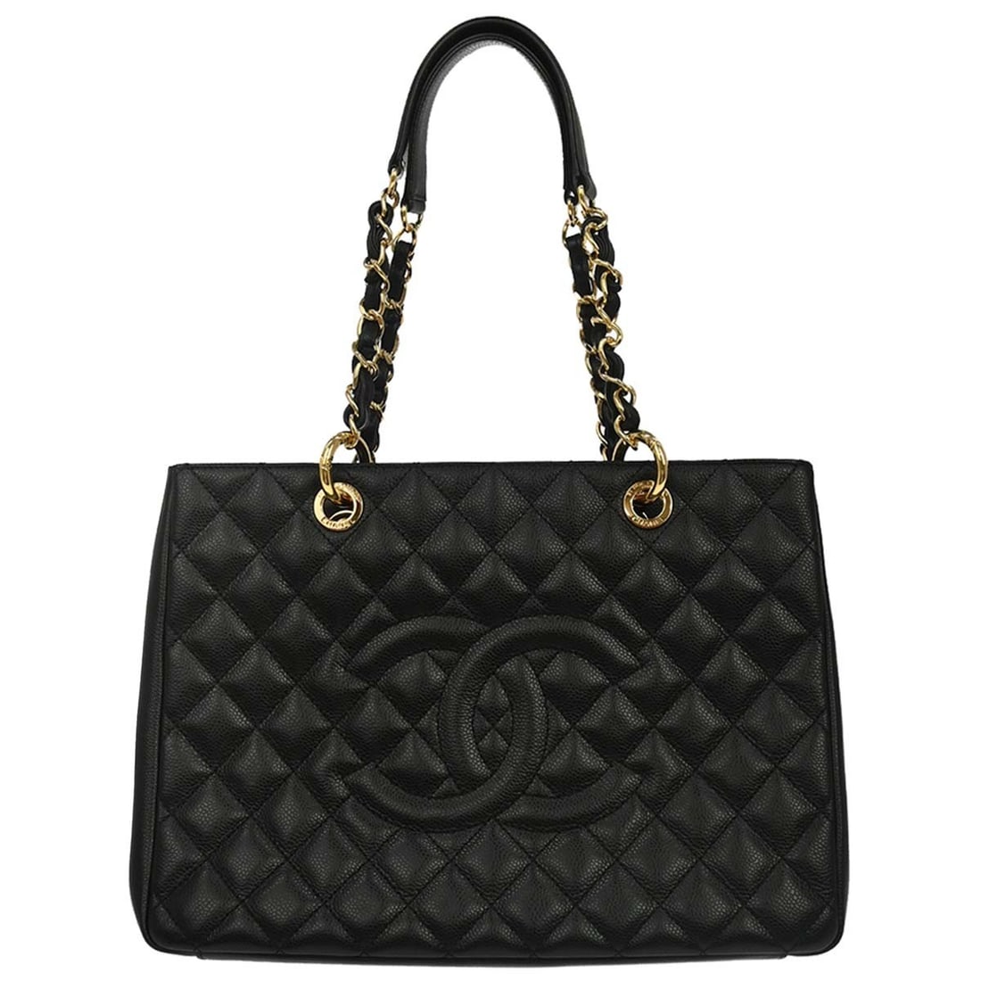 CHANEL GST Grand Shopping Tote Black Caviar Leather Chain Bag: CHANEL GST Grand Shopping Tote Black Caviar Leather Chain Bag Chanel Grand Shopping Tote GST chain handbag in black caviar skin leather, featuring double handles and a tote style. It has a medium size