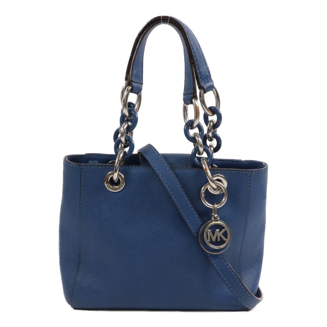 Blue Calfskin Chain Shoulder Bag Michael Kors 2 Way SHW: Blue Calfskin Chain Shoulder Bag Michael Kors 2 Way SHW A MICHAEL KORS 2-way chain shoulder bag in blue calfskin leather. It features a magnetic pocket, two open interior pockets, and one interior zip