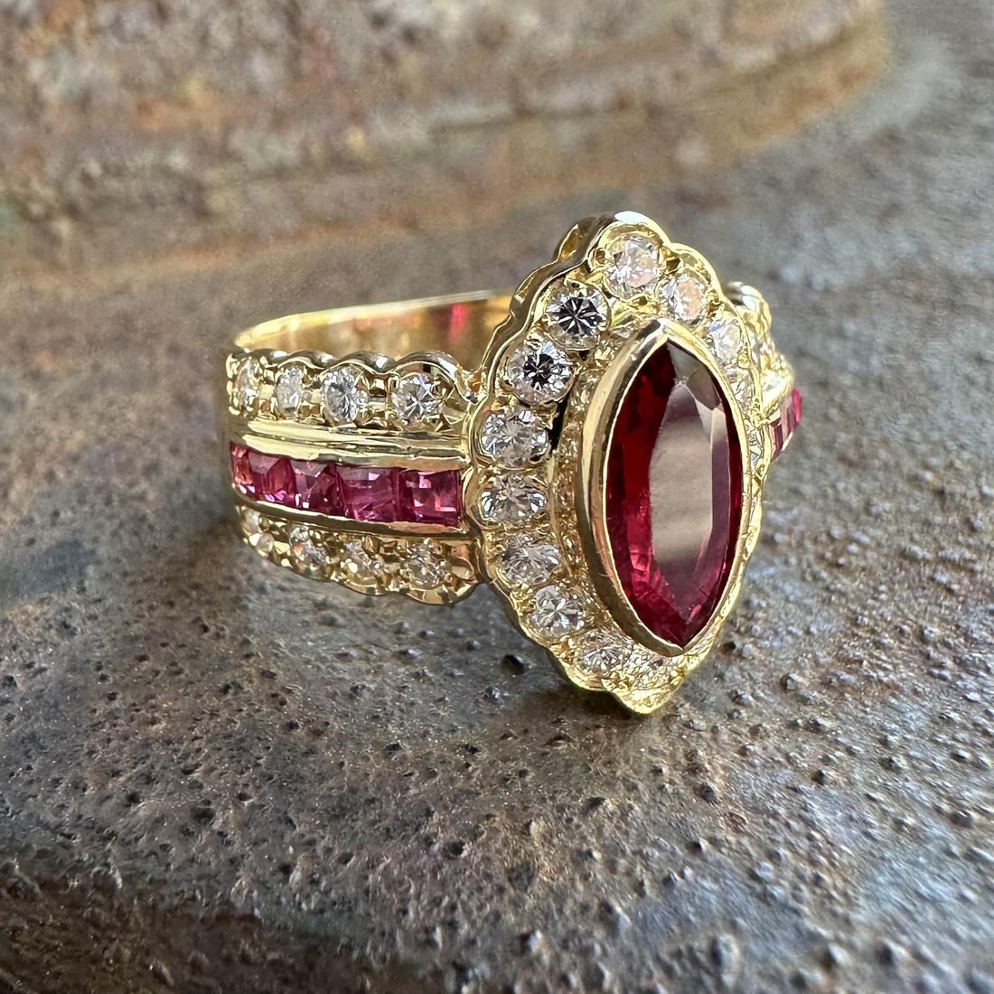 Cocktail Ring in 18k Yellow Gold with Marquise and Square Rubies Plus Diamonds