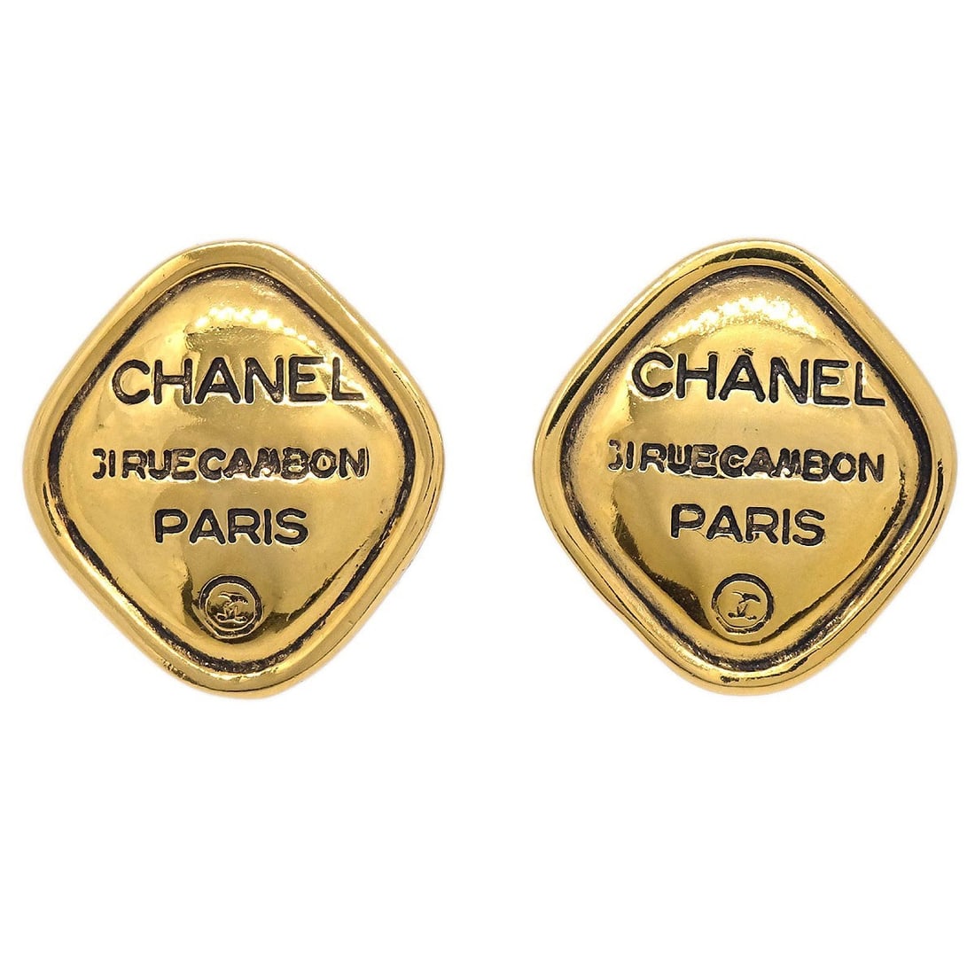 CHANEL 2441 Gold Plated Rhombus Button Clip On Earrings: CHANEL 2441 Gold Plated Rhombus Button Clip On Earrings Chanel rhombus clip-on earrings in a gold-tone finish with a button-style design. Made in France, this pair comes with its box and is noted as b