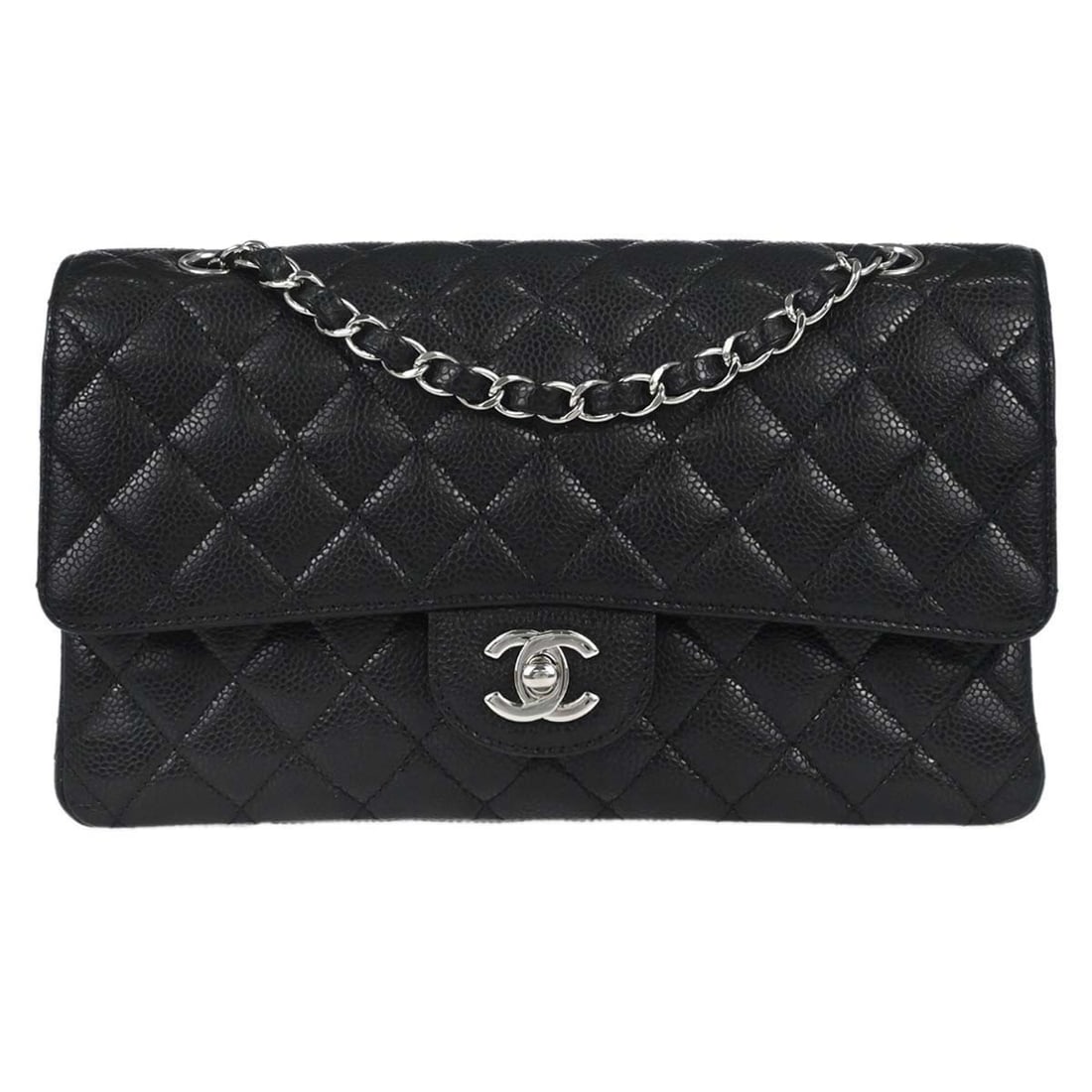 CHANEL Classic Double Flap Medium Shoulder Bag Black Caviar Leather: CHANEL Classic Double Flap Medium Shoulder Bag Black Caviar Leather Chanel Classic Double Flap medium shoulder bag in black caviar skin leather with a matelasse pattern and leather lining. It features