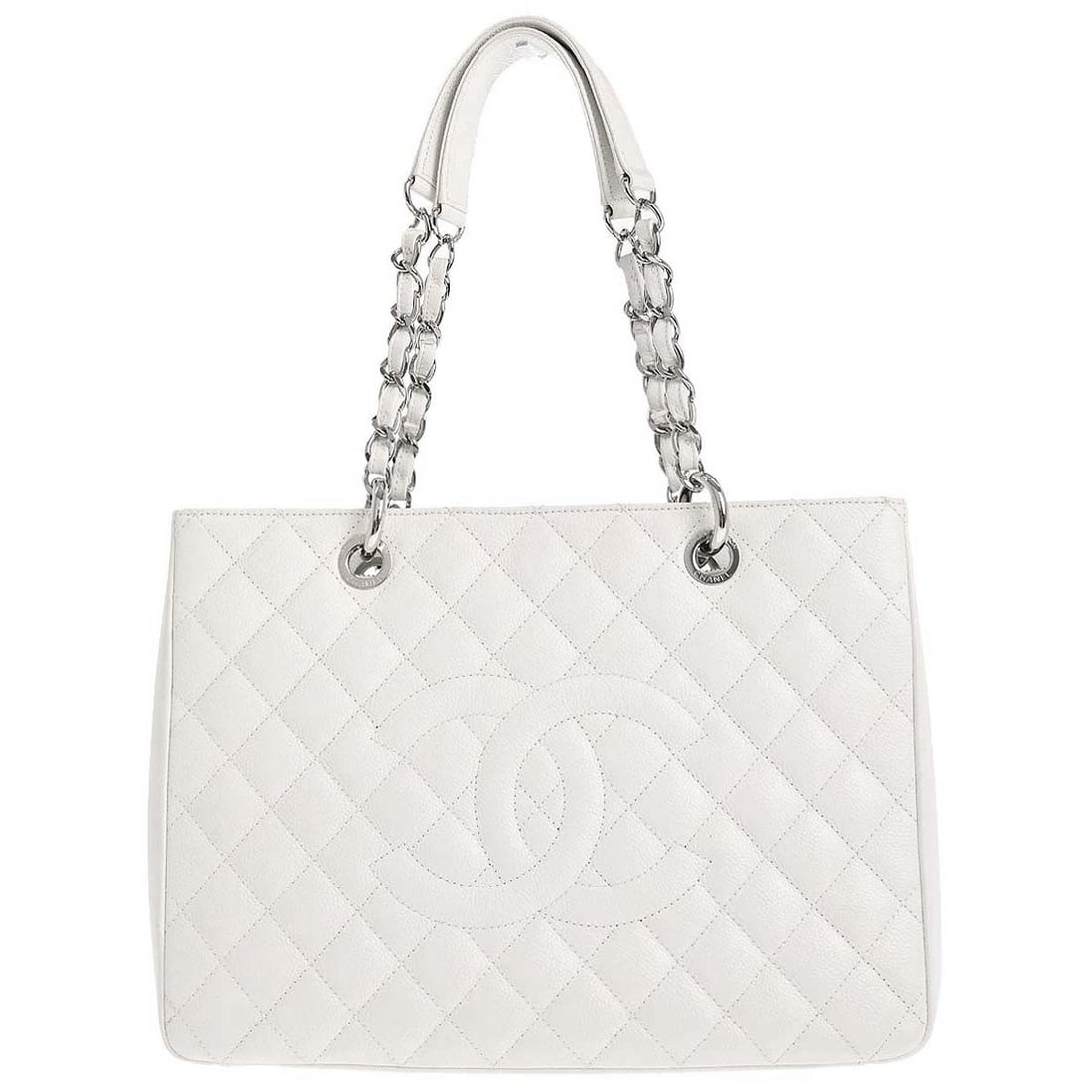CHANEL GST Grand Shopping Tote White Caviar Leather Chain Bag: CHANEL GST Grand Shopping Tote White Caviar Leather Chain Bag Chanel Grand Shopping Tote GST chain handbag in white caviar skin leather. This medium tote features double handles, logo accents, an exte