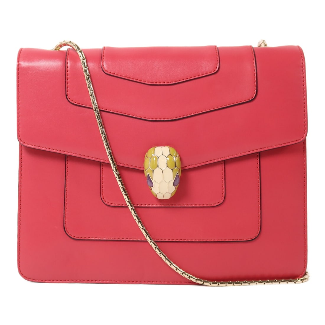 Pink Calfskin Chain Shoulder Bag BVLGARI Gold Tone Hardware: Pink Calfskin Chain Shoulder Bag BVLGARI Gold Tone Hardware Bvlgari chain shoulder bag in pink calfskin leather. It features a hook button closure, an inside open pocket, and one inside zip pocket. Th