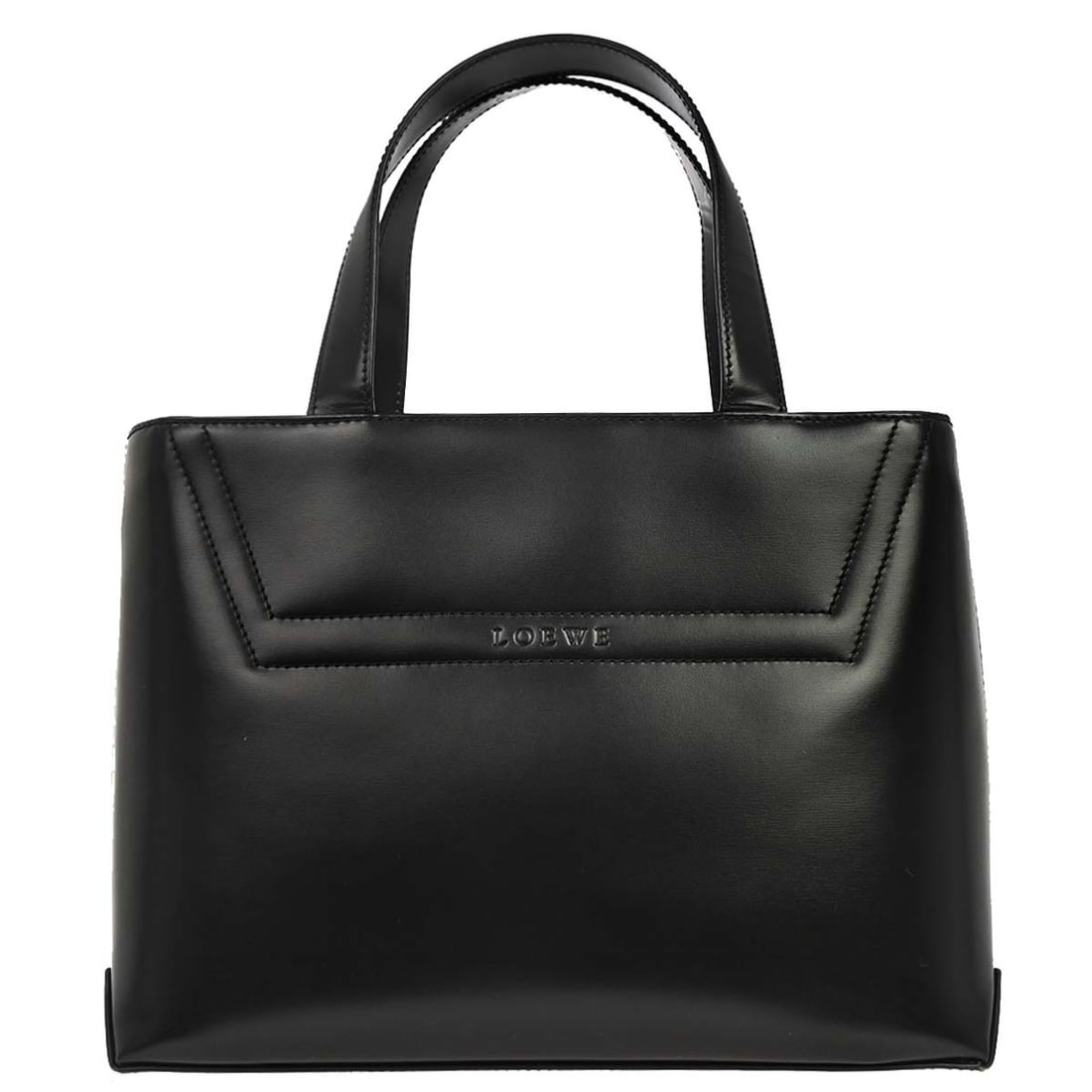 Loewe Tote Handbag Black Leather Double Handle Purse: Loewe Tote Handbag Black Leather Double Handle Purse Loewe black leather tote handbag in medium size, made in Spain. It features an open closure, double leather handles with a 5 in handle drop, and in
