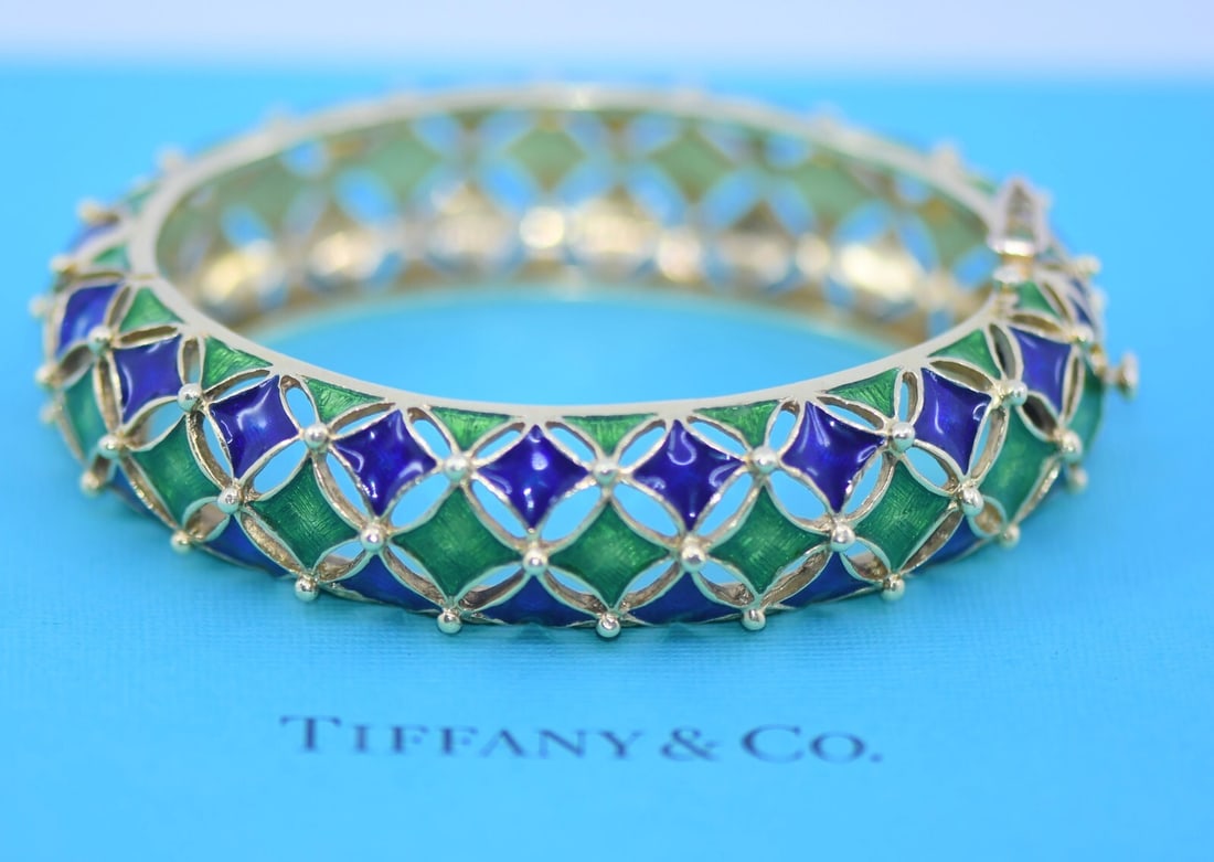 Tiffany & Co 18K Yellow Gold Enamel Bangle Bracelet Authentic