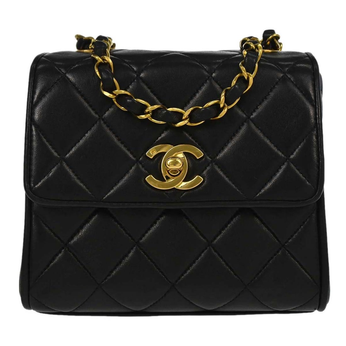 CHANEL Matelasse Lambskin Shoulder Bag with Turnlock Black: CHANEL Matelasse Lambskin Shoulder Bag with Turnlock Black Chanel single straight flap shoulder bag in black lambskin with a matelasse pattern and turnlock closure. This medium shoulder bag features a