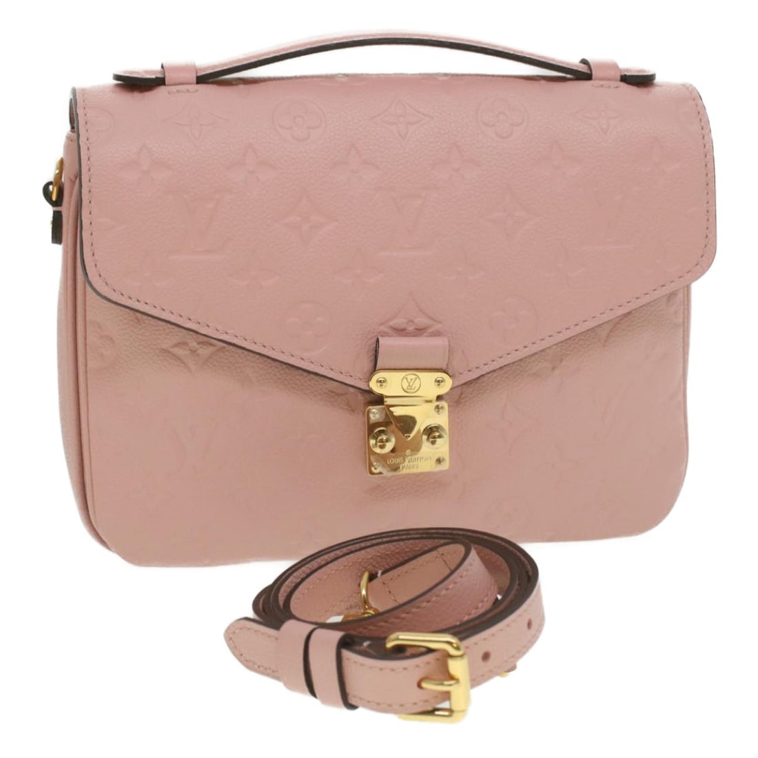 Louis Vuitton M44018 Pochette Metis MM 2way Pink Empreinte Leather Bag: Louis Vuitton M44018 Pochette Metis MM 2way Pink Empreinte Leather Bag This Louis Vuitton Pochette Metis MM is a 2-way handbag in pink Monogram Empreinte leather. It comes with a shoulder strap and in