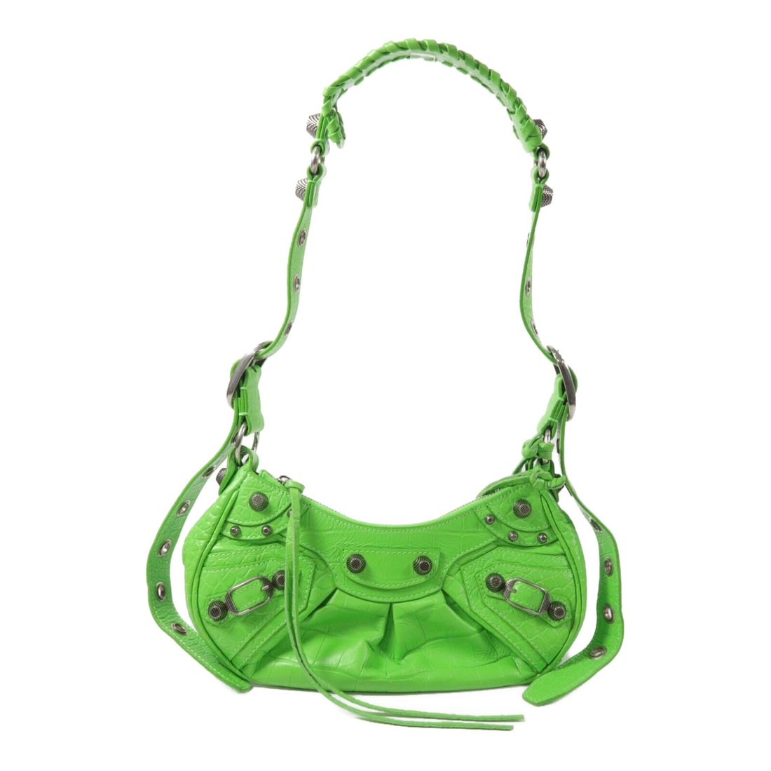 Balenciaga Le Cagole XS Green Calfskin Shoulder Bag 671309: Balenciaga Le Cagole XS Green Calfskin Shoulder Bag 671309 Balenciaga Le Cagole XS shoulder bag in green calfskin leather, model 671309, with silver-tone hardware. It includes a shoulder strap, pouch 
