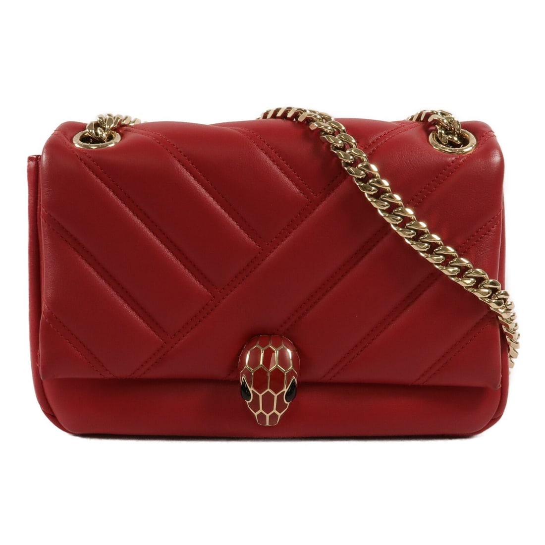 BVLGARI Serpenti Cabocbon Medium Shoulder Bag Red Calfskin 2 Way: BVLGARI Serpenti Cabocbon Medium Shoulder Bag Red Calfskin 2 Way Women's shoulder bag in red calfskin (cowhide) with a 2-way design and medium size. It features a magnetic pocket, one inside open pock