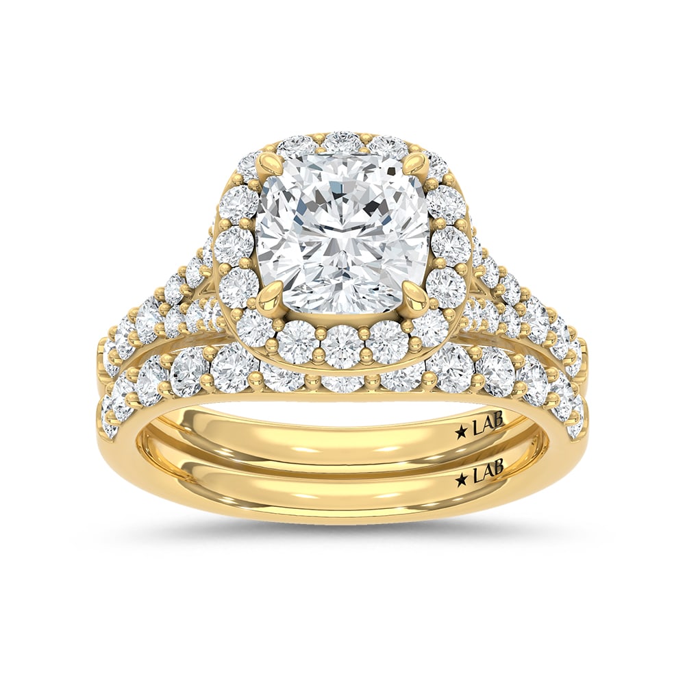14K Yellow Gold 3 Ct.Tw. Lab Grown Diamond Cushion Shape Bridal Ring (IGI Certified Center 2ct): 14K Yellow Gold 3 Ct.Tw. Lab Grown Diamond Cushion Shape Bridal Ring (IGI Certified Center 2ct) 14k Yellow Gold Stone Color: D-f Stone Clarity: Vs Each ring is presented in standard size 6.5. Complime
