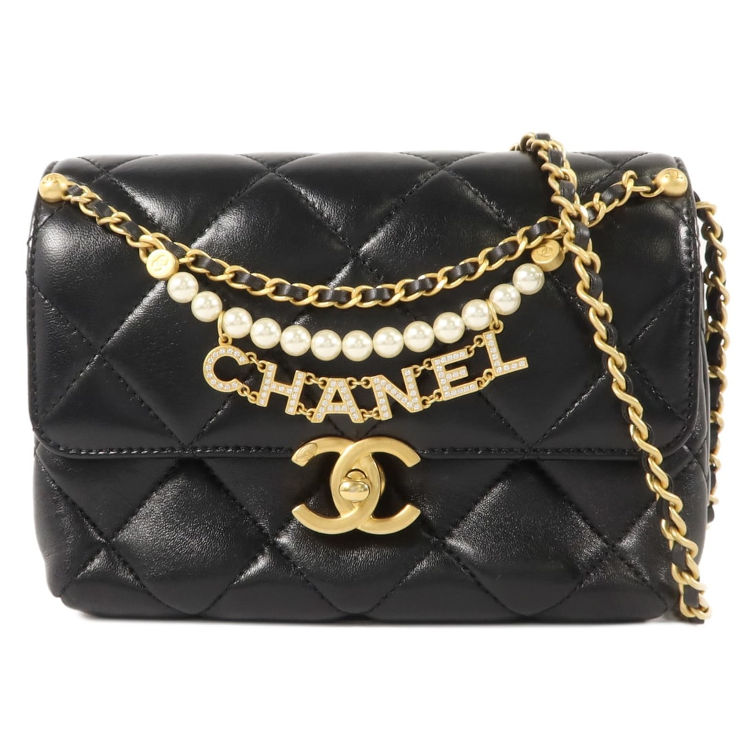 CHANEL AS4986 Mini Flap Shoulder Bag Black Lambskin Pearl Chain (1 of 17)