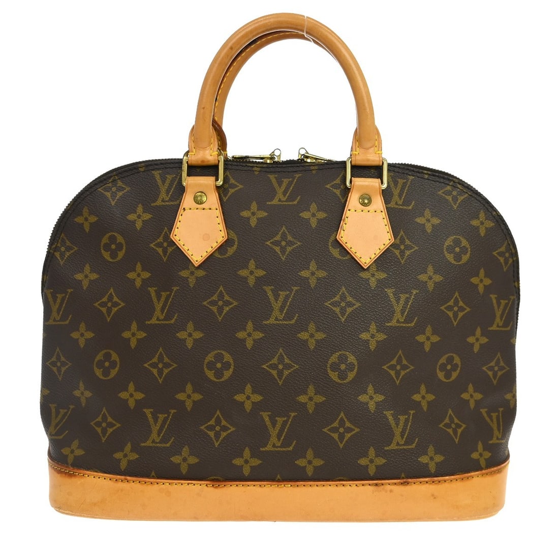 Louis Vuitton Alma Monogram Canvas Hand Bag M51130 VI1916: Louis Vuitton Alma Monogram Canvas Hand Bag M51130 VI1916 Vintage Louis Vuitton Alma handbag in brown Monogram canvas with leather trim and double handles. This medium handbag features a zip closure, 