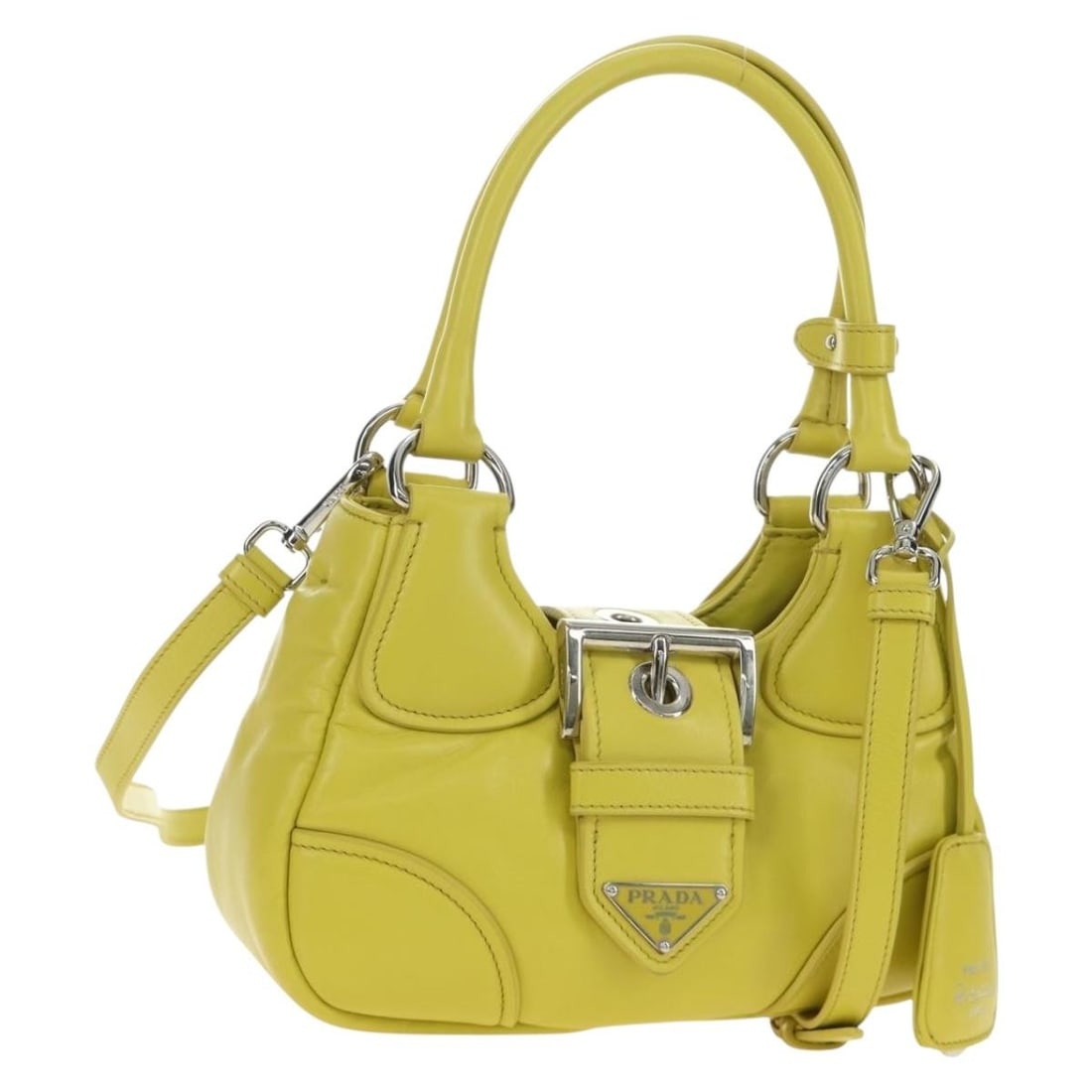 PRADA Yellow Leather 2 Way Handbag with Shoulder Strap: PRADA Yellow Leather 2 Way Handbag with Shoulder Strap Prada 2-way handbag in yellow leather with silver-tone accents. Made in Italy, this women's bag includes two dust bags and a shoulder strap. It i