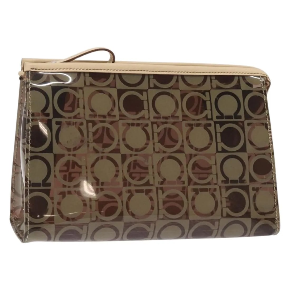 Brown Vinyl Salvatore Ferragamo Gancini Small Pouch 20cm by 12cm: Brown Vinyl Salvatore Ferragamo Gancini Small Pouch 20cm by 12cm This Salvatore Ferragamo Gancini pouch is crafted from brown vinyl and designed for women. Featuring a compact size, this pouch offers 