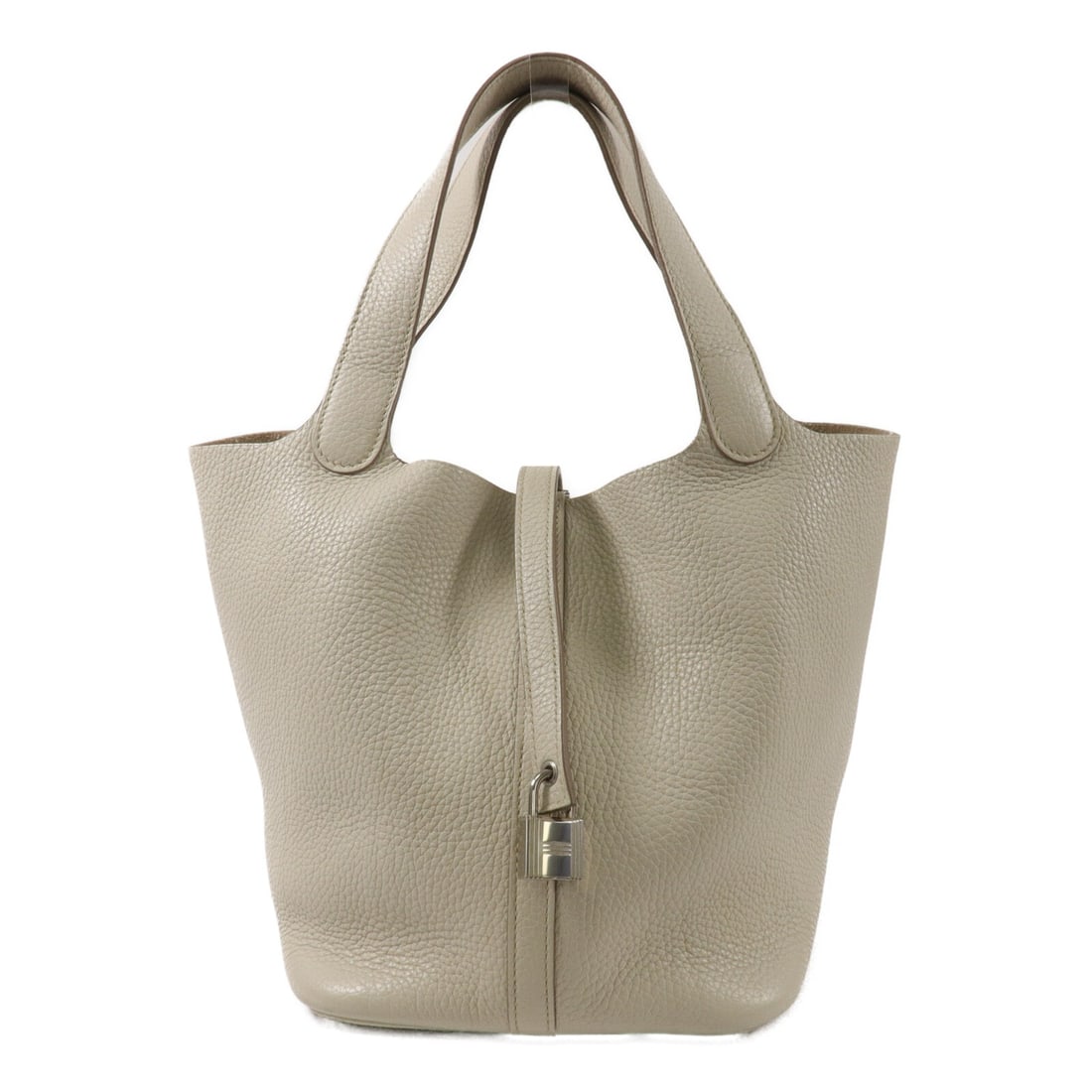 Hermes Picotin MM Taurillon Clemence Bucket Tote Beton PHW: Hermes Picotin MM Taurillon Clemence Bucket Tote Beton PHW A HERMES Picotin MM hand bag/bucket tote bag in Taurillon Clemence leather with PHW. The bag is described in Beton x Beige x Beton colorway a