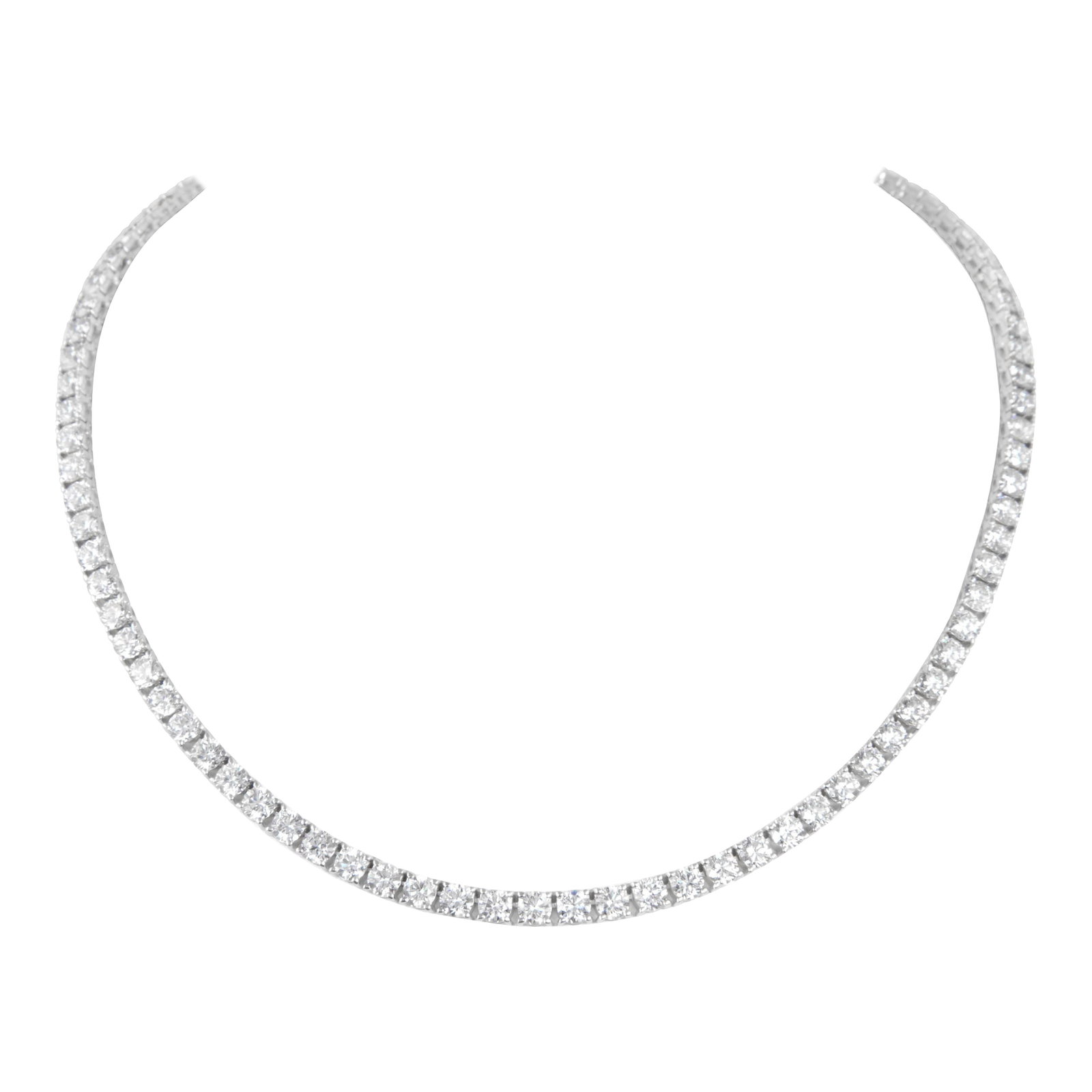 22.36ct Diamond Tennis Necklace 18k White Gold 16in: 22.36ct Diamond Tennis Necklace 18k White Gold 16in This stunning Diamond Tennis Necklace embodies classic elegance, featuring 93 round brilliant diamonds totaling 22.36 carats. Crafted from premium 1