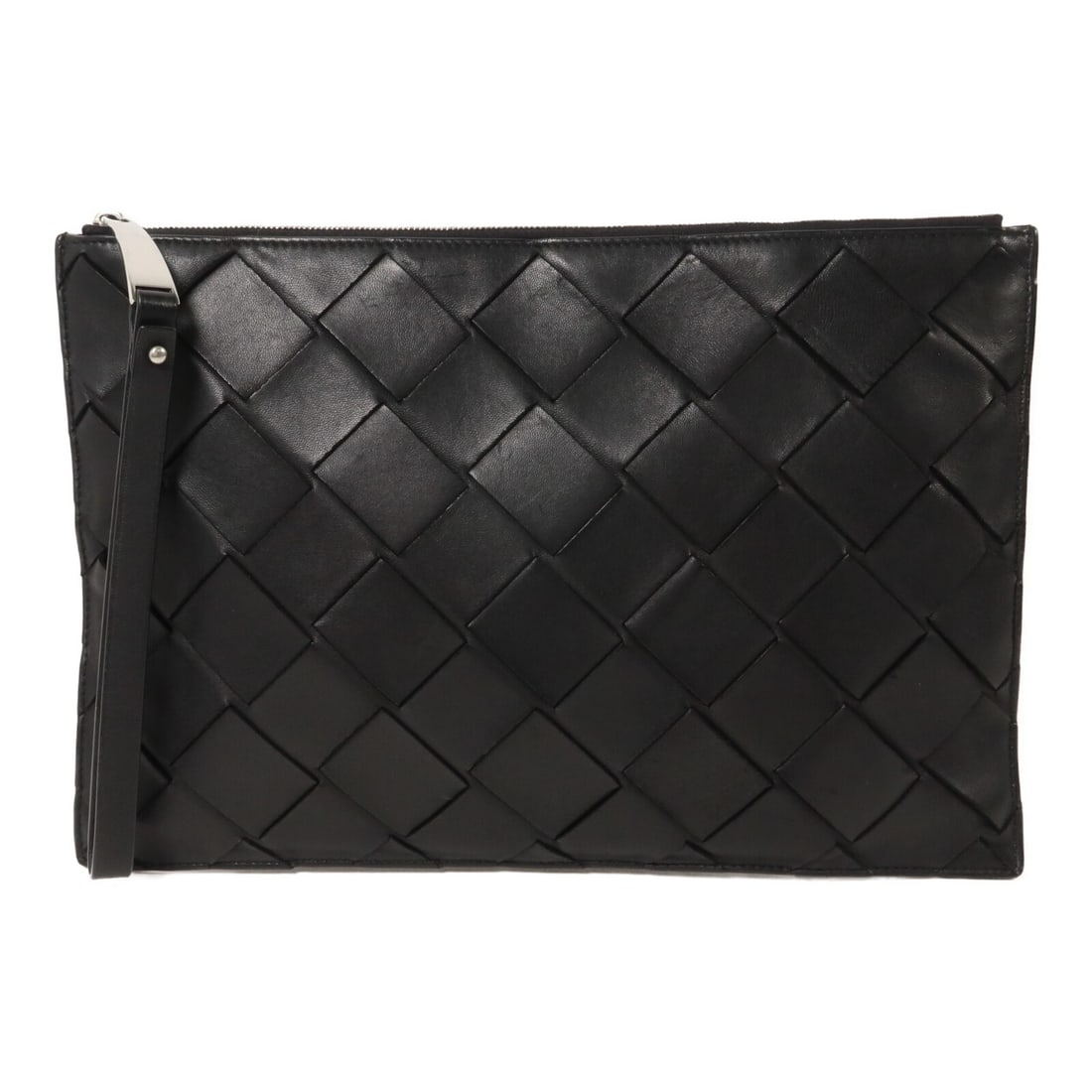 Black Lambskin Clutch Handbag Bottega Veneta BV SHW: Black Lambskin Clutch Handbag Bottega Veneta BV SHW A Bottega Veneta clutch bag in black lambskin leather with a BV SHW design. It features a slim profile, a handle measuring 36 cm, and a fastener poc