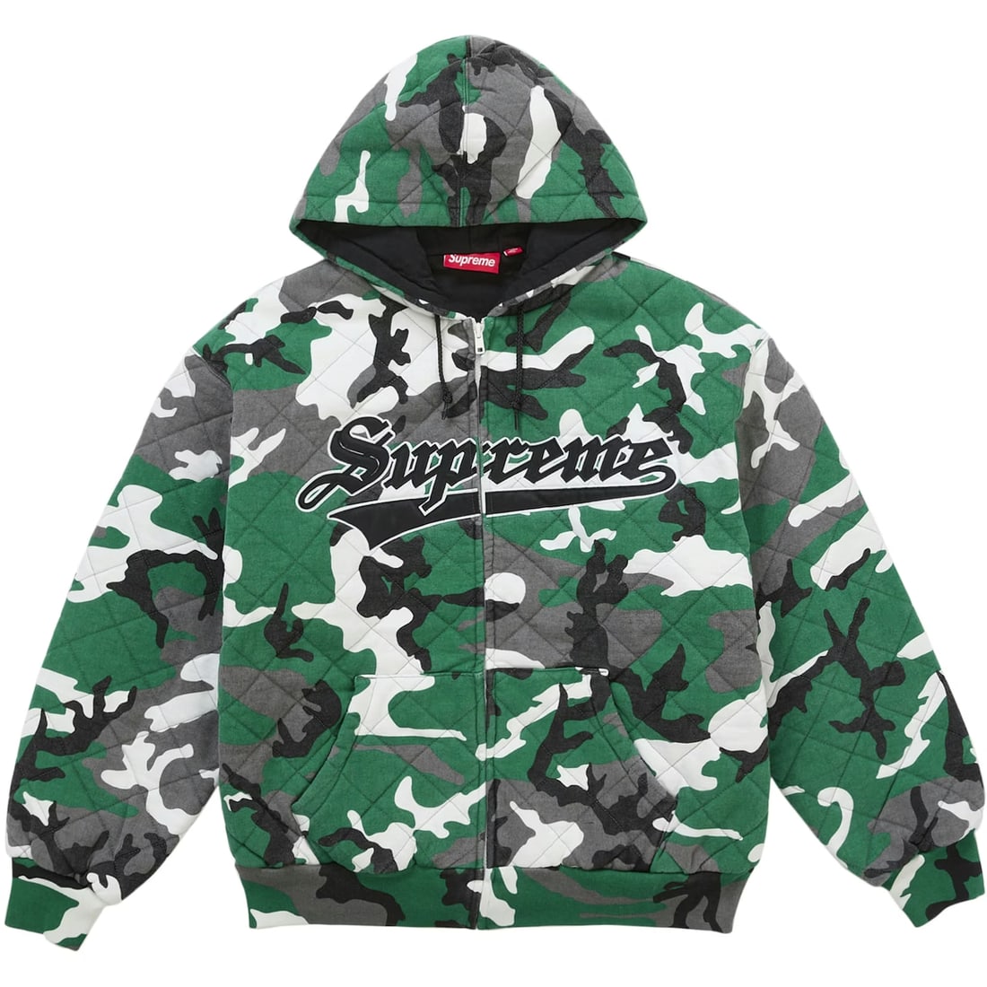 Green Camo Quilted Zip Hoodie by Supreme Size Large: Green Camo Quilted Zip Hoodie by Supreme Size Large This Supreme Quilted Green Camo Zip Up Hoodie features a premium quilted shell with a green camouflage pattern. It is equipped with a full zip closu