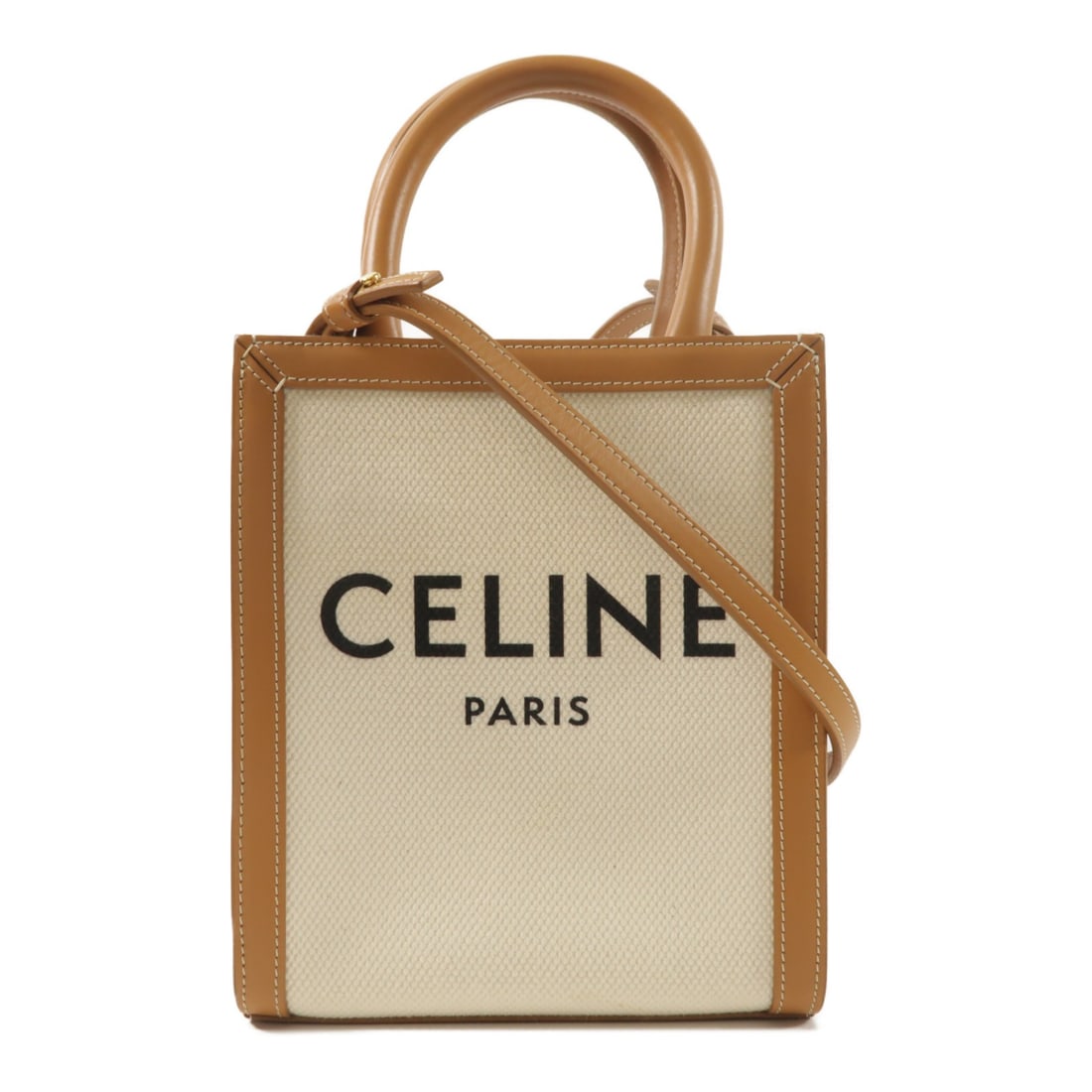 CELINE Mini Vertical Cabas 2 Way Shoulder Bag Brown White Canvas Calfskin: CELINE Mini Vertical Cabas 2 Way Shoulder Bag Brown White Canvas Calfskin A CELINE Mini Vertical Cabas 2-way shoulder bag in brown and white, crafted from canvas and calfskin (cowhide). It features a 