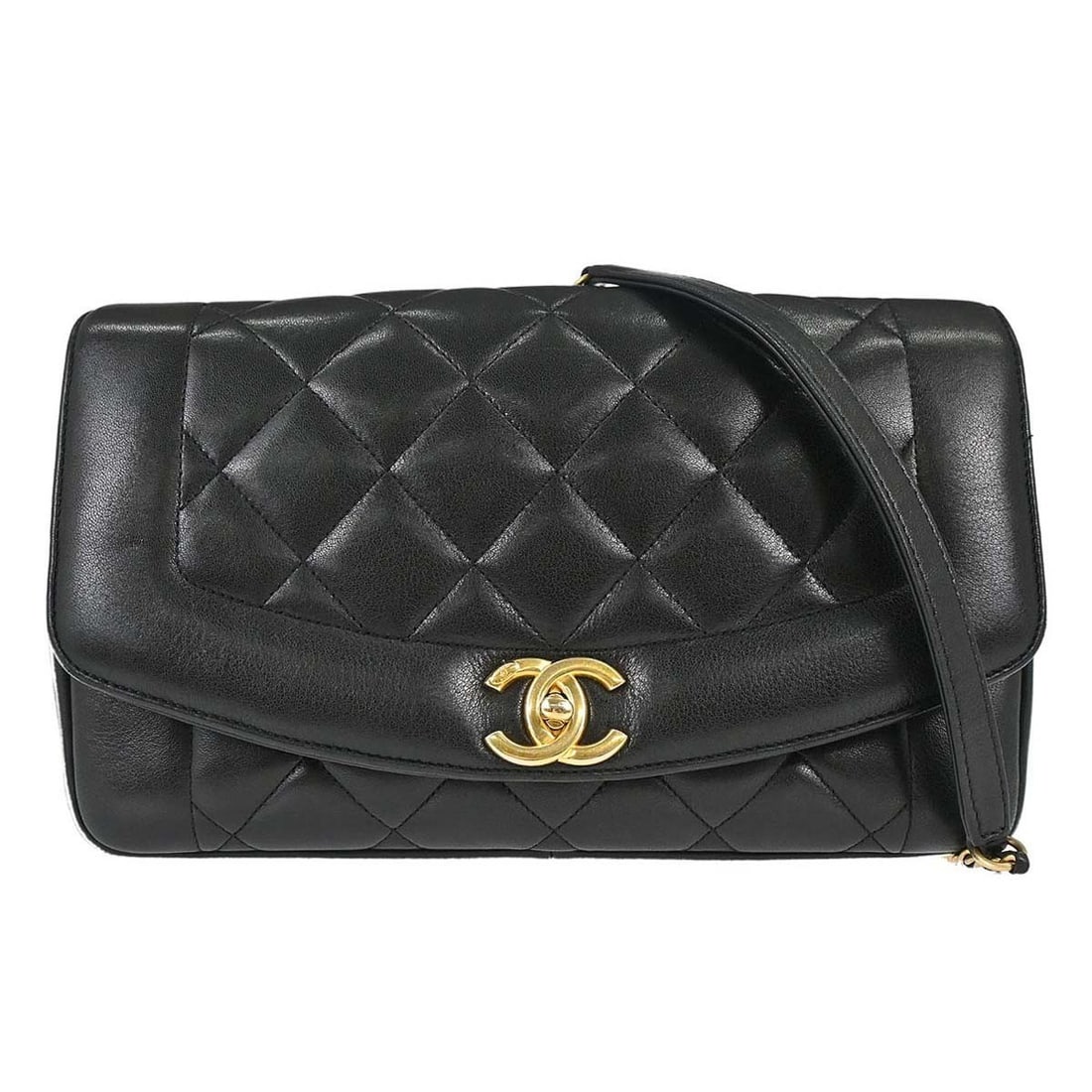 CHANEL Diana Shoulder Bag Black Quilted Lambskin Flap: CHANEL Diana Shoulder Bag Black Quilted Lambskin Flap Chanel Black Lambskin Diana Flap Shoulder Bag in a large size with a quilted exterior and flap turnlock closure. It features a crossbody strap, ch