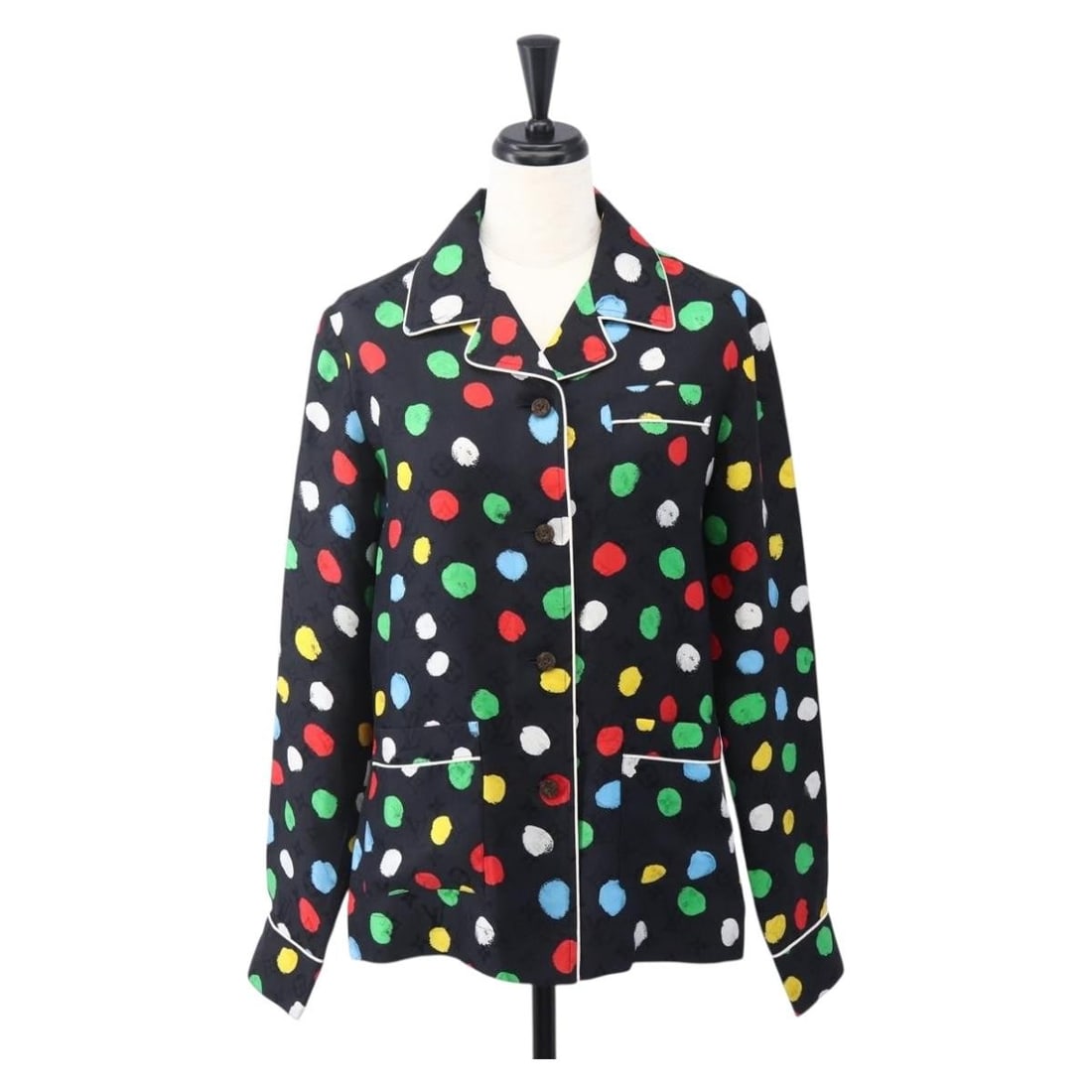 Louis Vuitton Monogram Eclipse Silk Pajama Jacket Black LV x YK Edition: Louis Vuitton Monogram Eclipse Silk Pajama Jacket Black LV x YK Edition This Louis Vuitton Monogram Eclipse LV x YK silk jacket features a luxurious black silk outer shell adorned with signature