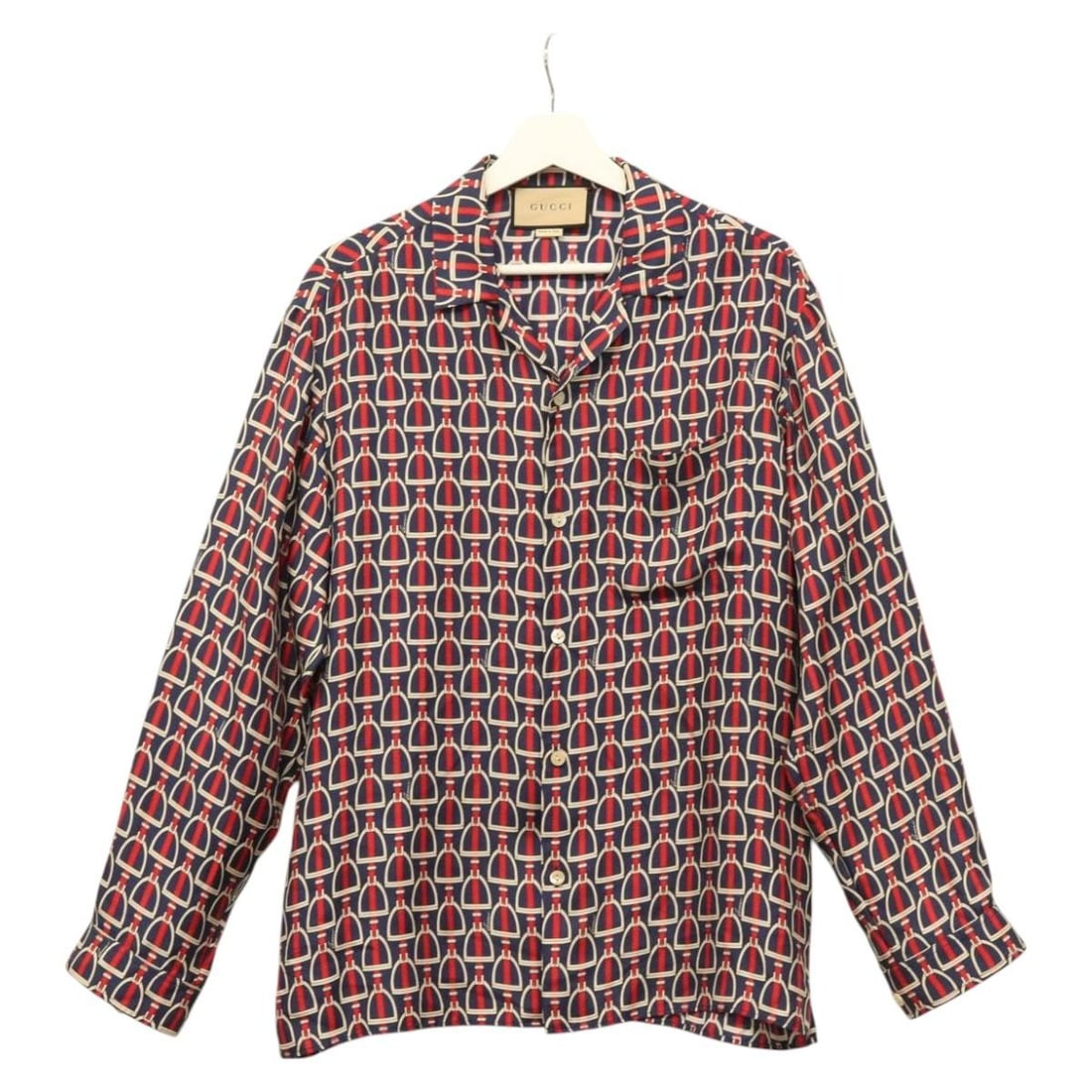 Gucci silk long sleeve top women's size 46 red navy: Gucci silk long sleeve top women's size 46 red navy Authentic Gucci long-sleeved shirt in red and navy silk. Made in Italy, this women's top has a clean, classic look with a lightweight silk construct